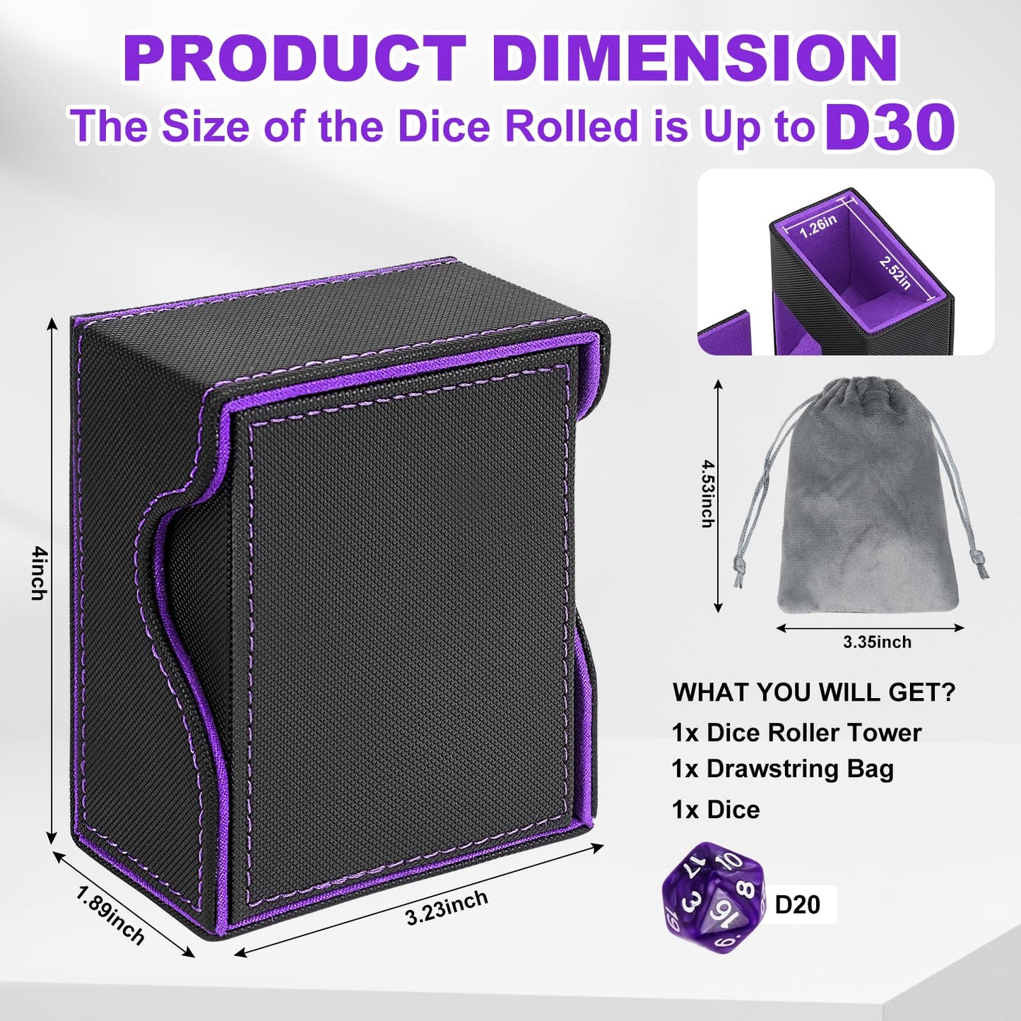 Jaffzora Dice Roller Tower | Magnetic Foldable PU Leather Dice Tray (Black & Purple) for D&D and MTG