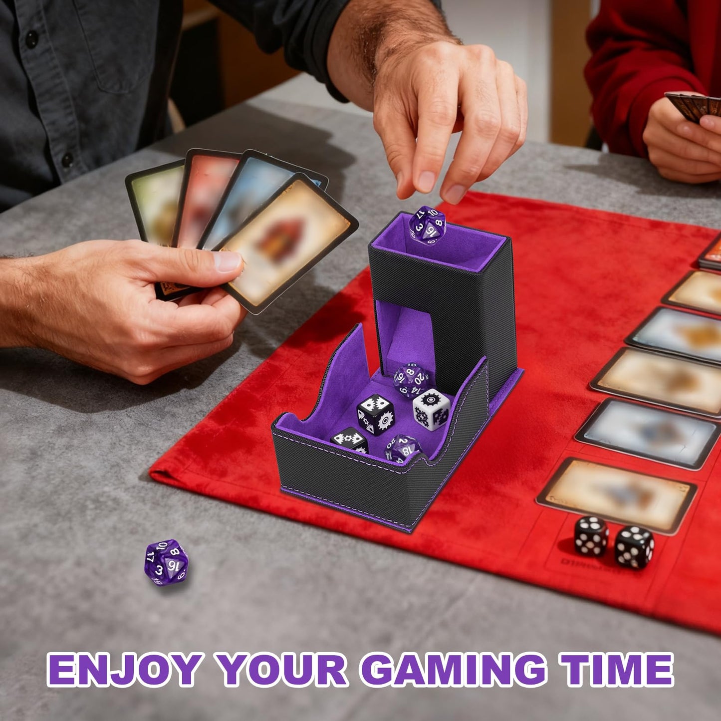 Jaffzora Dice Roller Tower | Magnetic Foldable PU Leather Dice Tray (Black & Purple) for D&D and MTG