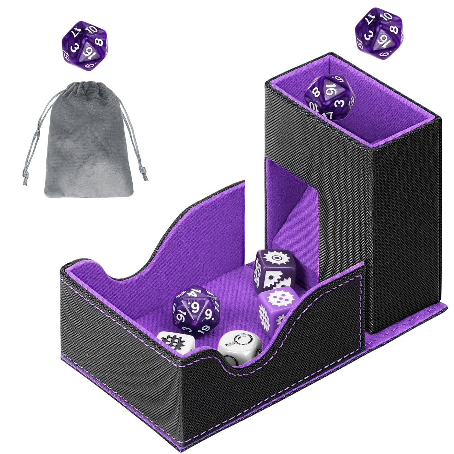 Jaffzora Dice Roller Tower | Magnetic Foldable PU Leather Dice Tray (Black & Purple) for D&D and MTG