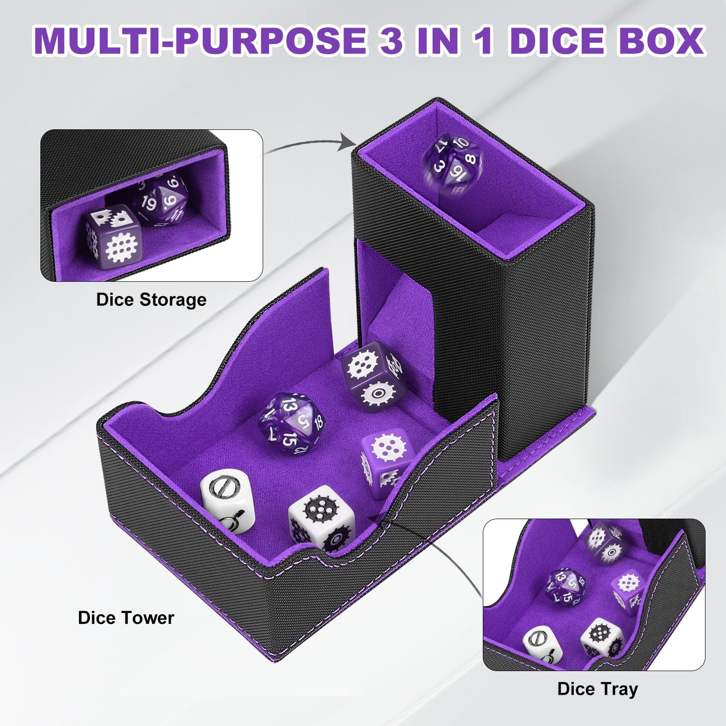 Jaffzora Dice Roller Tower | Magnetic Foldable PU Leather Dice Tray (Black & Purple) for D&D and MTG