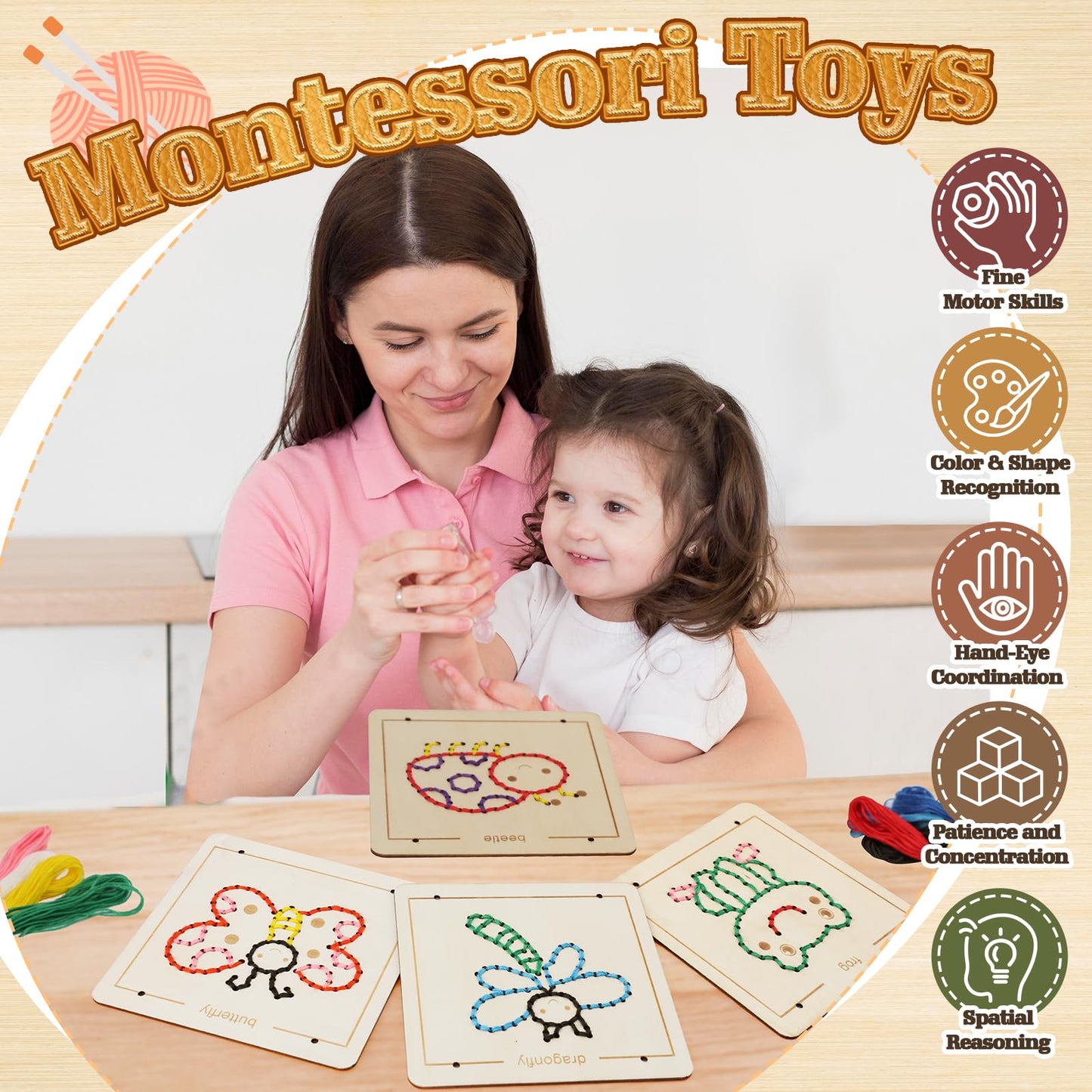 JAiiMen Montessori Wooden Lacing Toys for Toddlers & Kids Ages 2-7 | Fine Motor Sewing Kit Busy Board