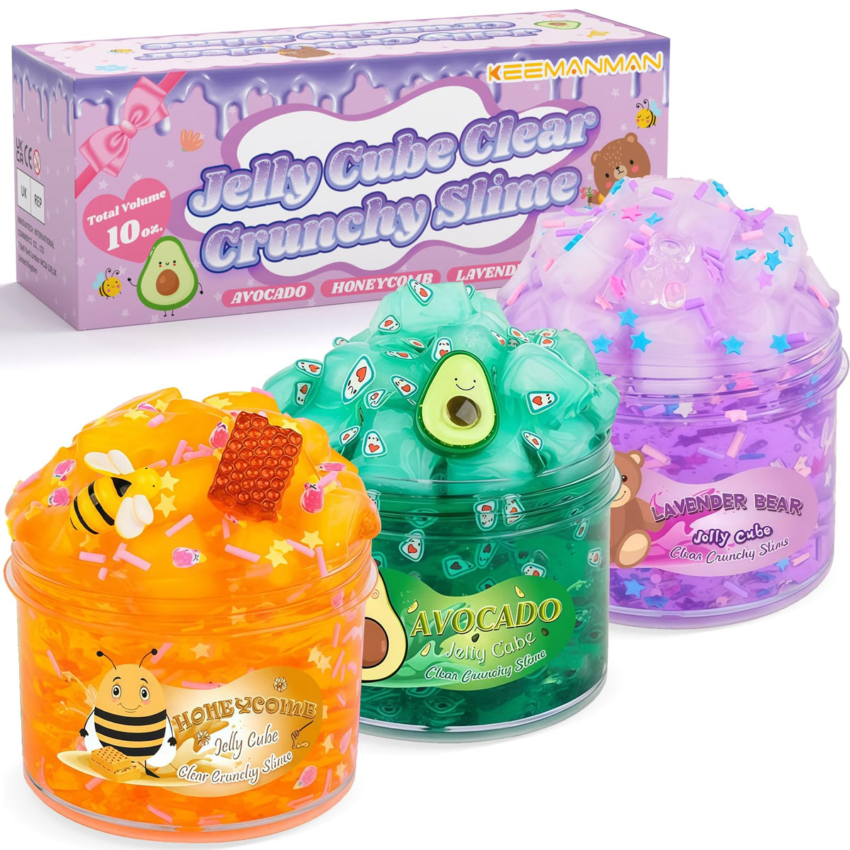 JAiiMen Slime Kit 3-Pack: Jelly Cube Crunchy Slime with Avocado, Honeycomb & Lavender Bear Charms