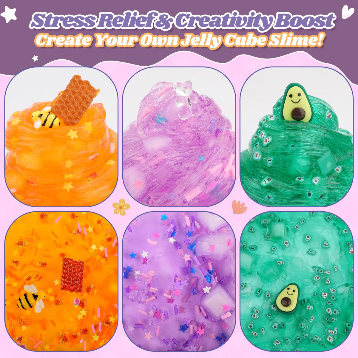 JAiiMen Slime Kit 3-Pack: Jelly Cube Crunchy Slime with Avocado, Honeycomb & Lavender Bear Charms