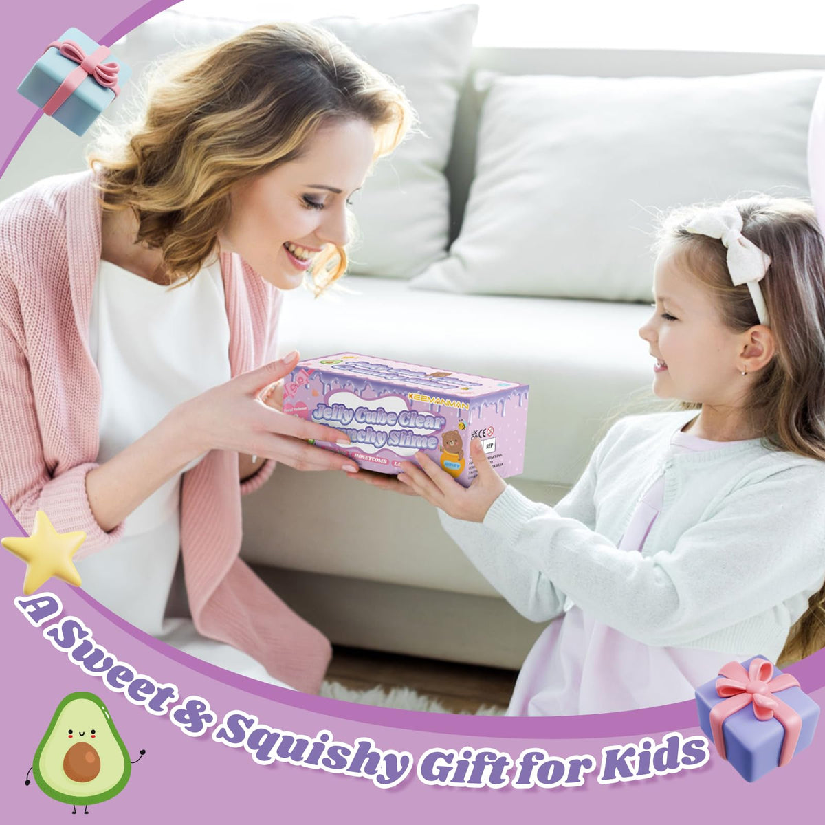 JAiiMen Slime Kit 3-Pack: Jelly Cube Crunchy Slime with Avocado, Honeycomb & Lavender Bear Charms