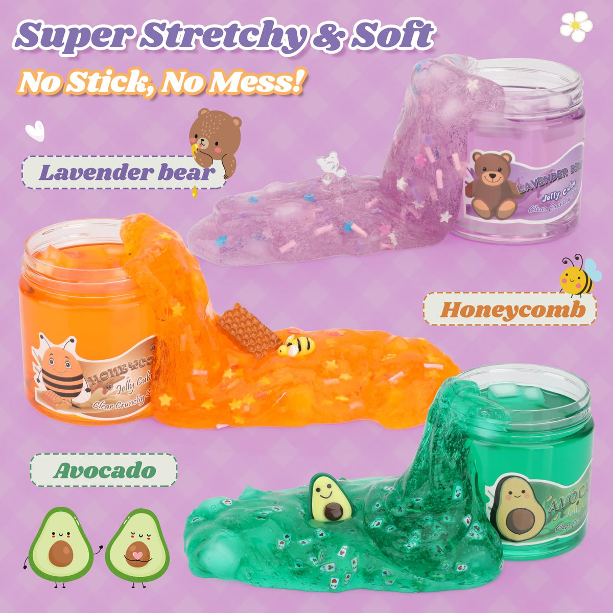 JAiiMen Slime Kit 3-Pack: Jelly Cube Crunchy Slime with Avocado, Honeycomb & Lavender Bear Charms
