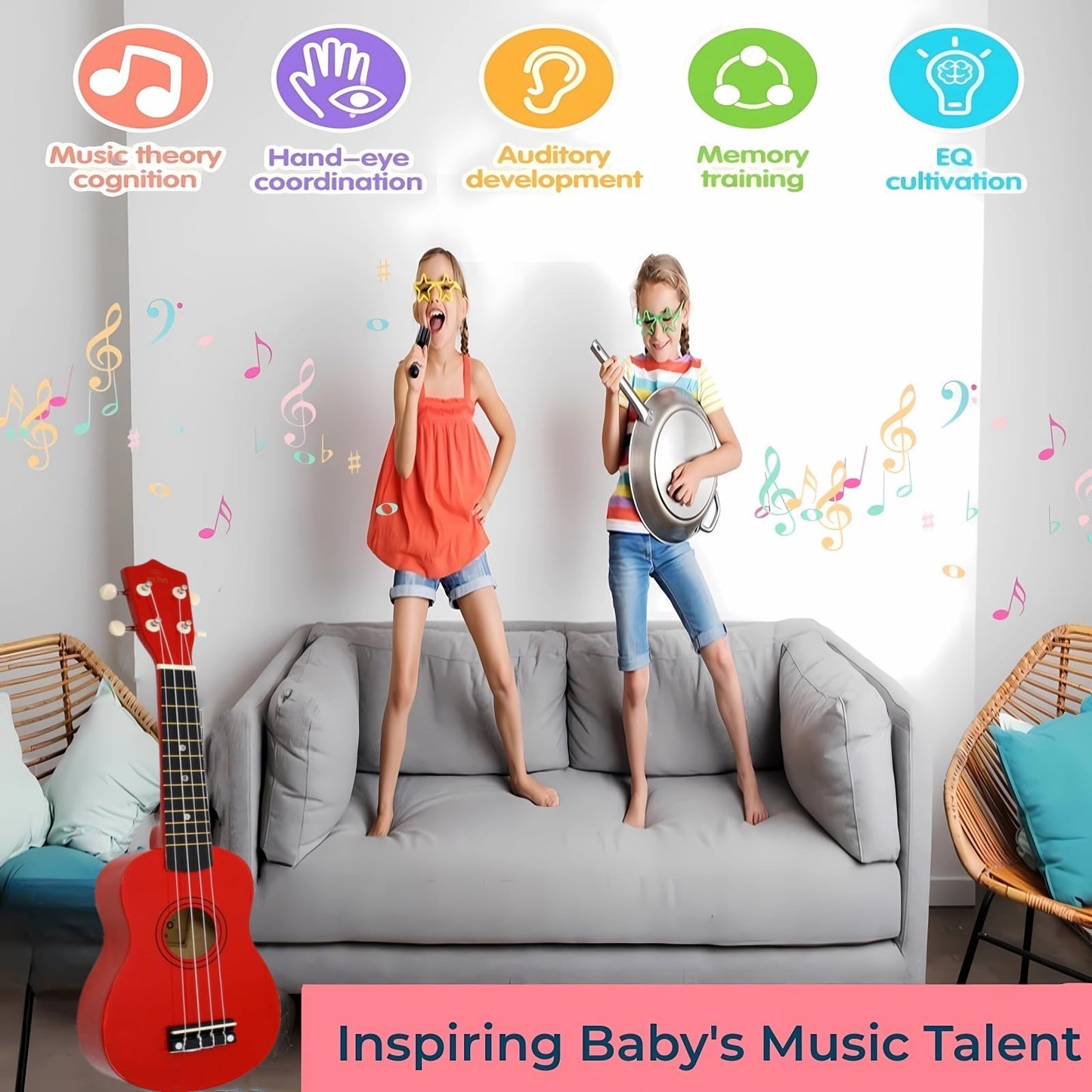 Jakeloo 21-Inch Wooden Kids Acoustic Guitar - Red | Beginner Toddler Instrument
