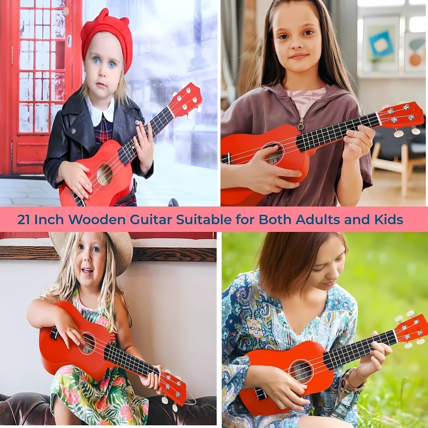 Jakeloo 21-Inch Wooden Kids Acoustic Guitar - Red | Beginner Toddler Instrument