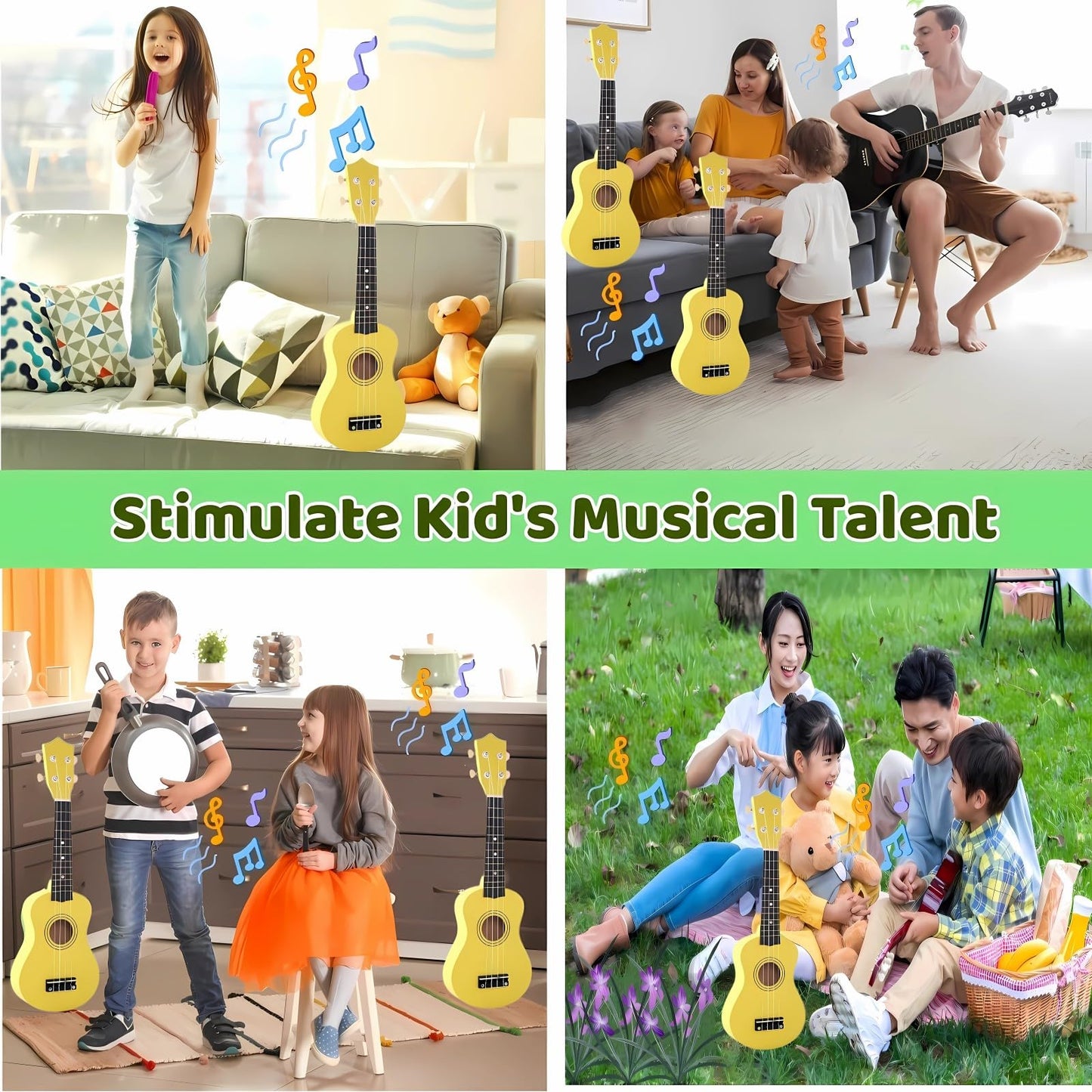 Jakeloo 21-Inch Wooden Kids Guitar — Ideal Gift for Ages 3-9 (Yellow)