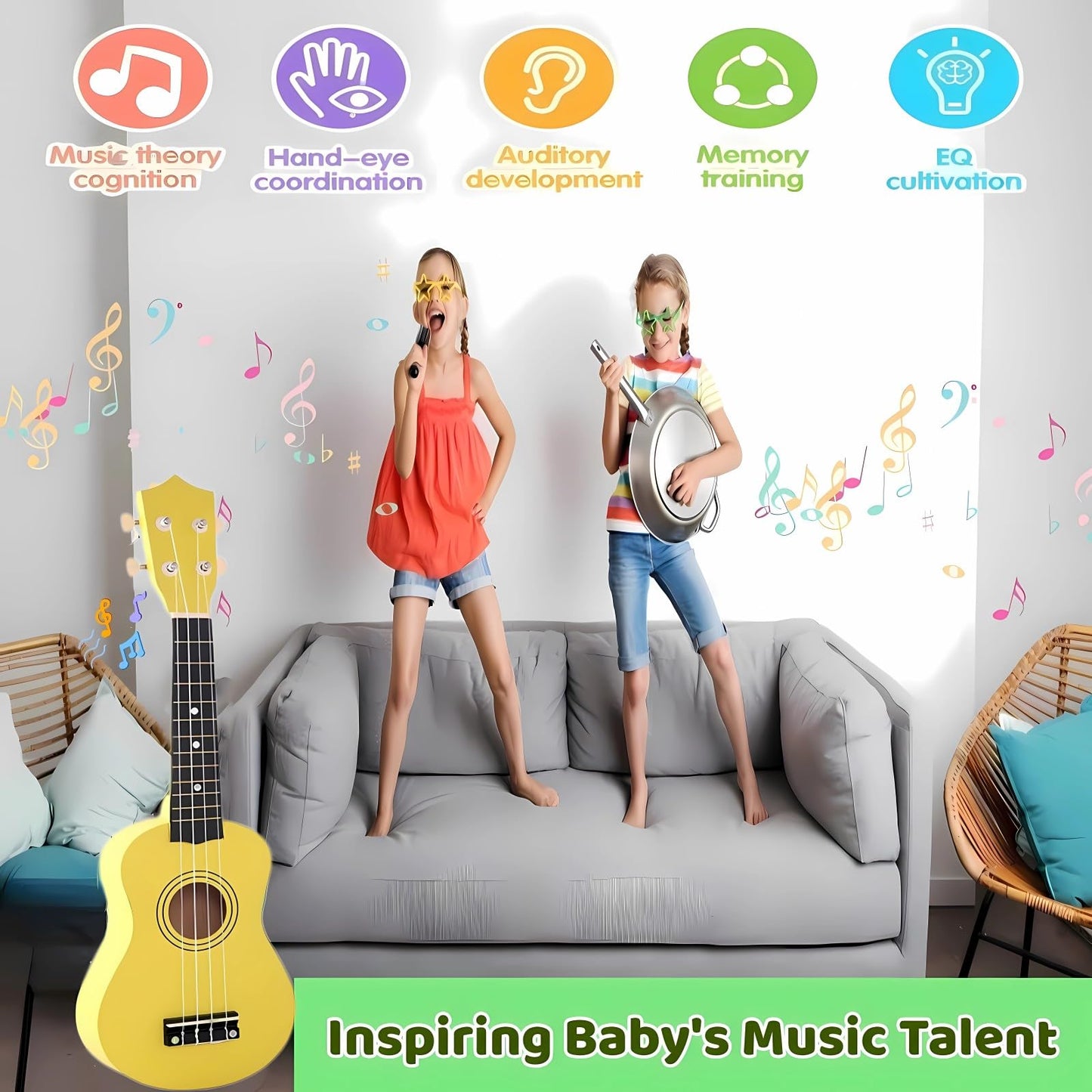 Jakeloo 21-Inch Wooden Kids Guitar — Ideal Gift for Ages 3-9 (Yellow)