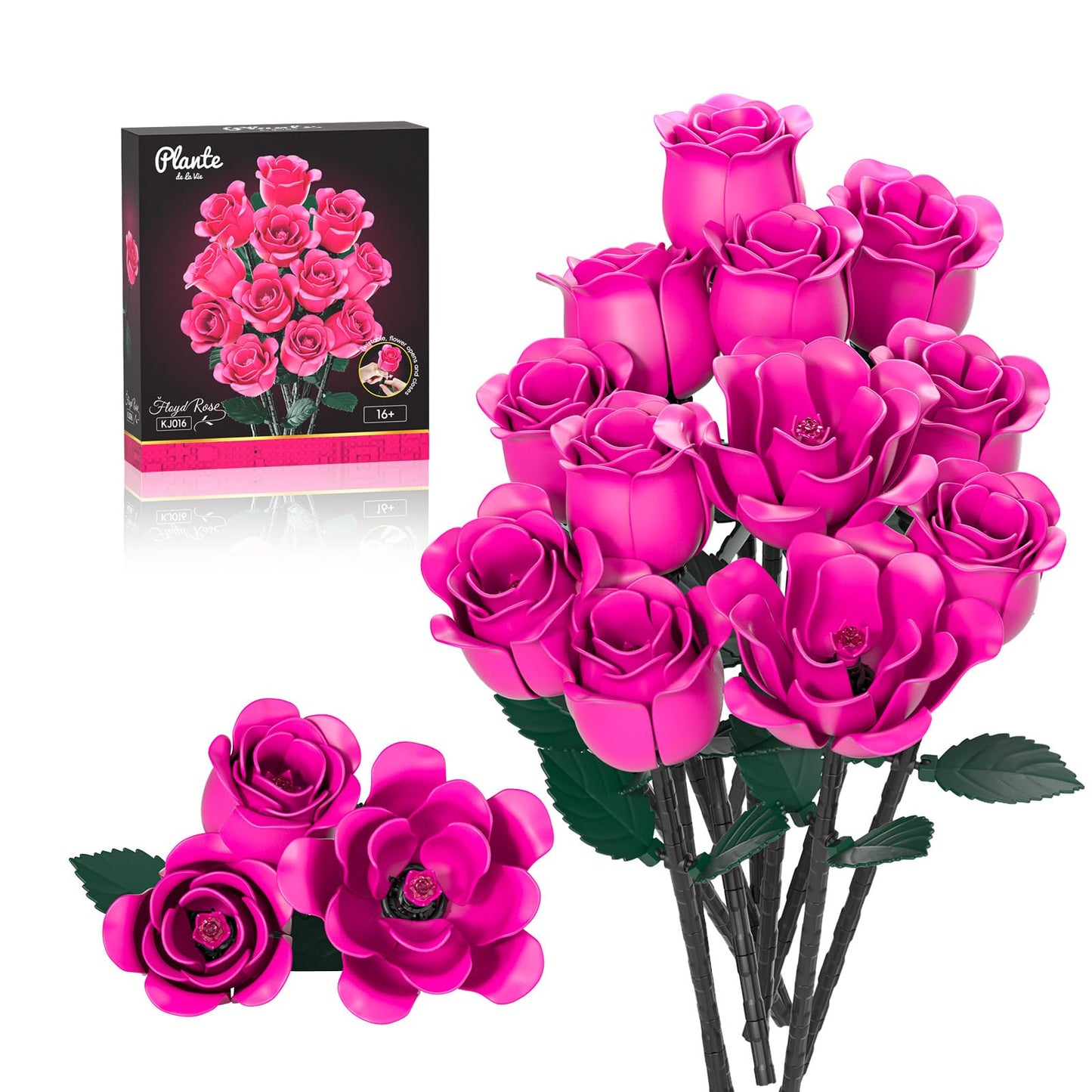 JAKI 12 Pink Rose Bouquet Building Set with Heart Box Base – 528PCS Romantic Roses Gift