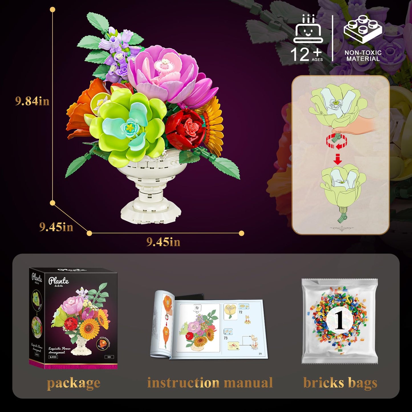JAKI Botanicals Flower Arrangement Building Set – 655-Piece Artificial Flower Kit for Table Decor