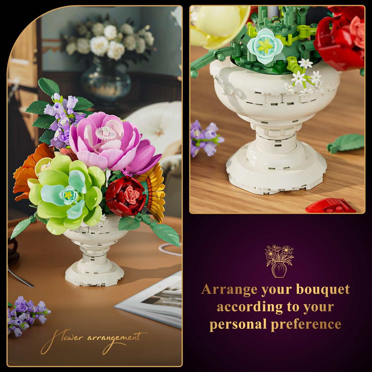 JAKI Botanicals Flower Arrangement Building Set – 655-Piece Artificial Flower Kit for Table Decor