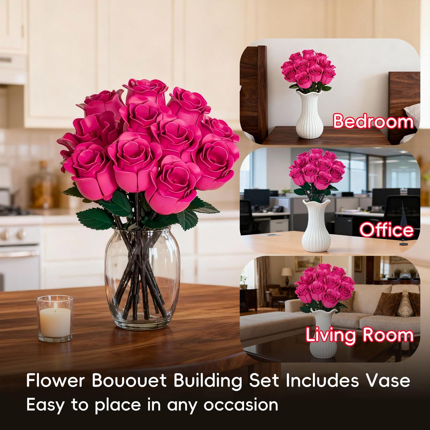 JAKI 12 Pink Rose Bouquet Building Set with Heart Box Base – 528PCS Romantic Roses Gift