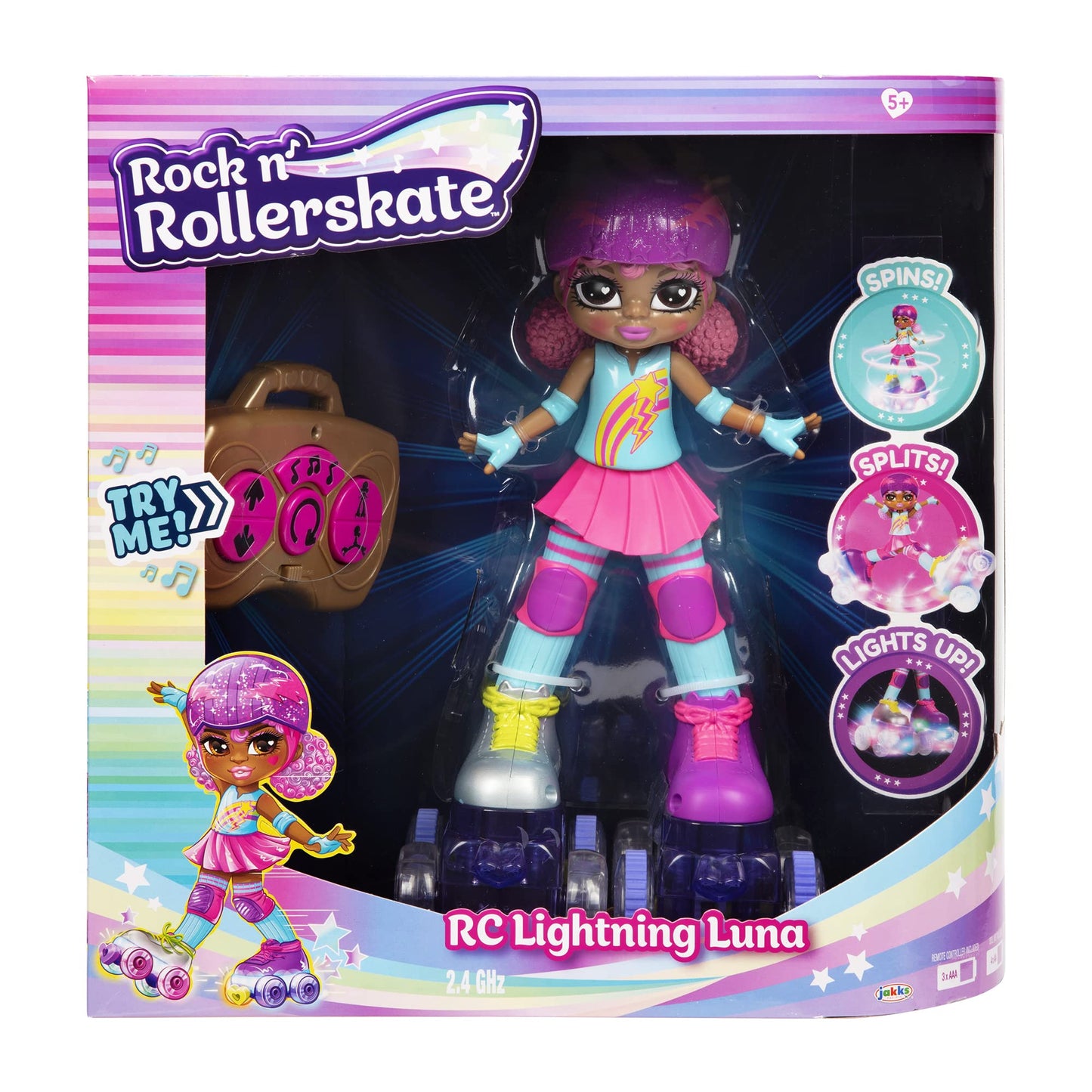 JAKKS Pacific Rock N Rollerskate Doll Lightning Luna – Light-Up Remote Control Skates, 10-inch High