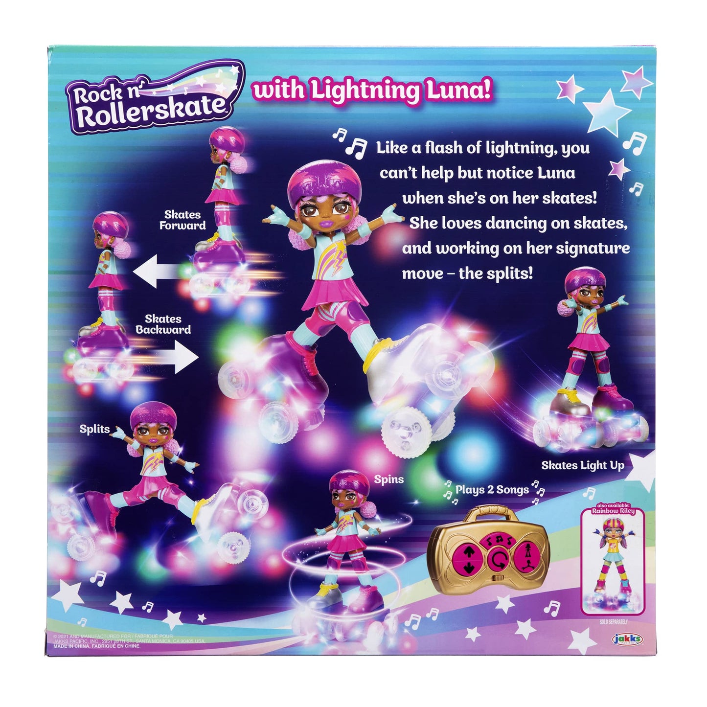 JAKKS Pacific Rock N Rollerskate Doll Lightning Luna – Light-Up Remote Control Skates, 10-inch High