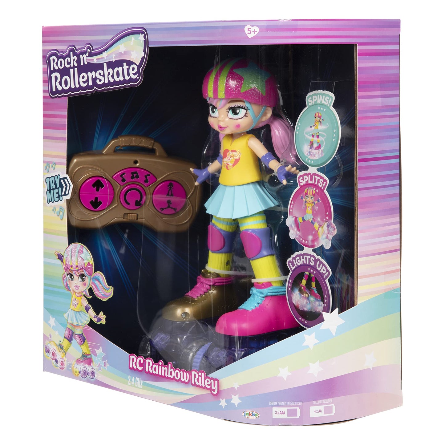 JAKKS Pacific Rock N Rollerskate Doll Rainbow Riley – Light Up Remote Control Skater, 10 Inches High