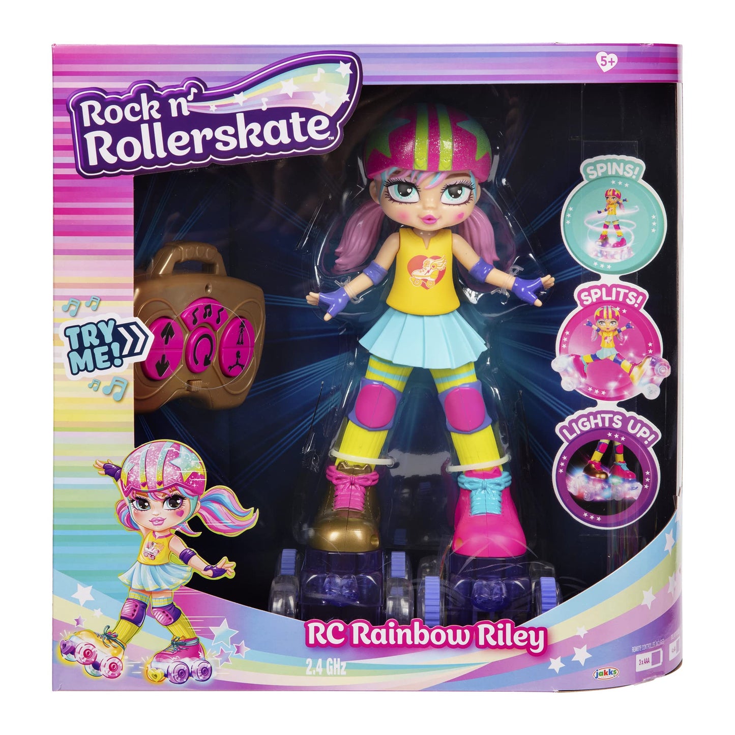 JAKKS Pacific Rock N Rollerskate Doll Rainbow Riley – Light Up Remote Control Skater, 10 Inches High