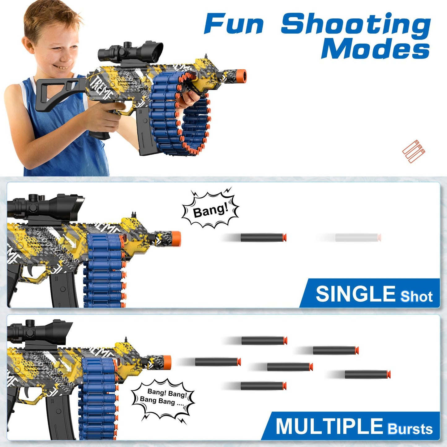 JakMean Electric Automatic Toy Blaster — 30-Dart Clip, 100 Darts, Outdoor Foam Blaster for Kids and Adults | Yellow