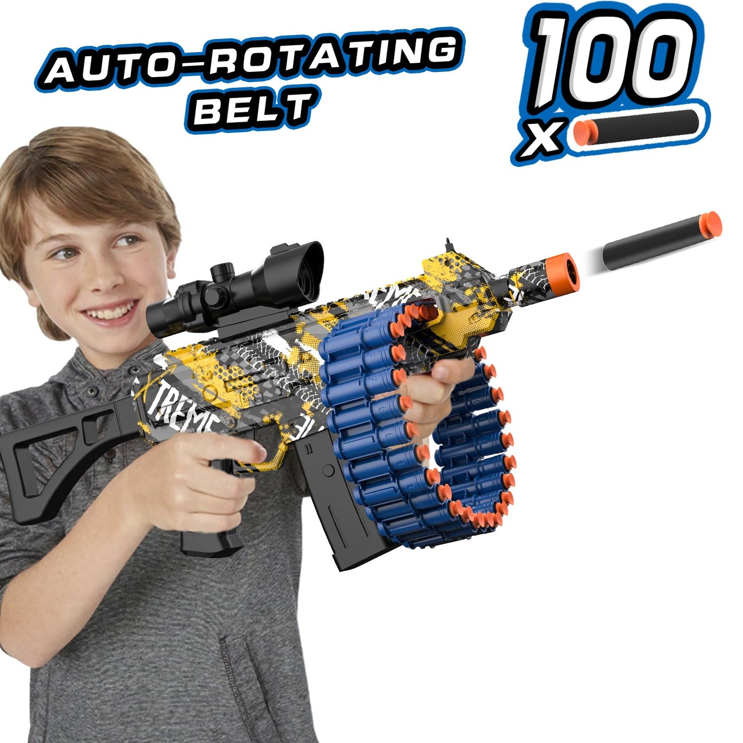 JakMean Electric Automatic Toy Blaster — 30-Dart Clip, 100 Darts, Outdoor Foam Blaster for Kids and Adults | Yellow