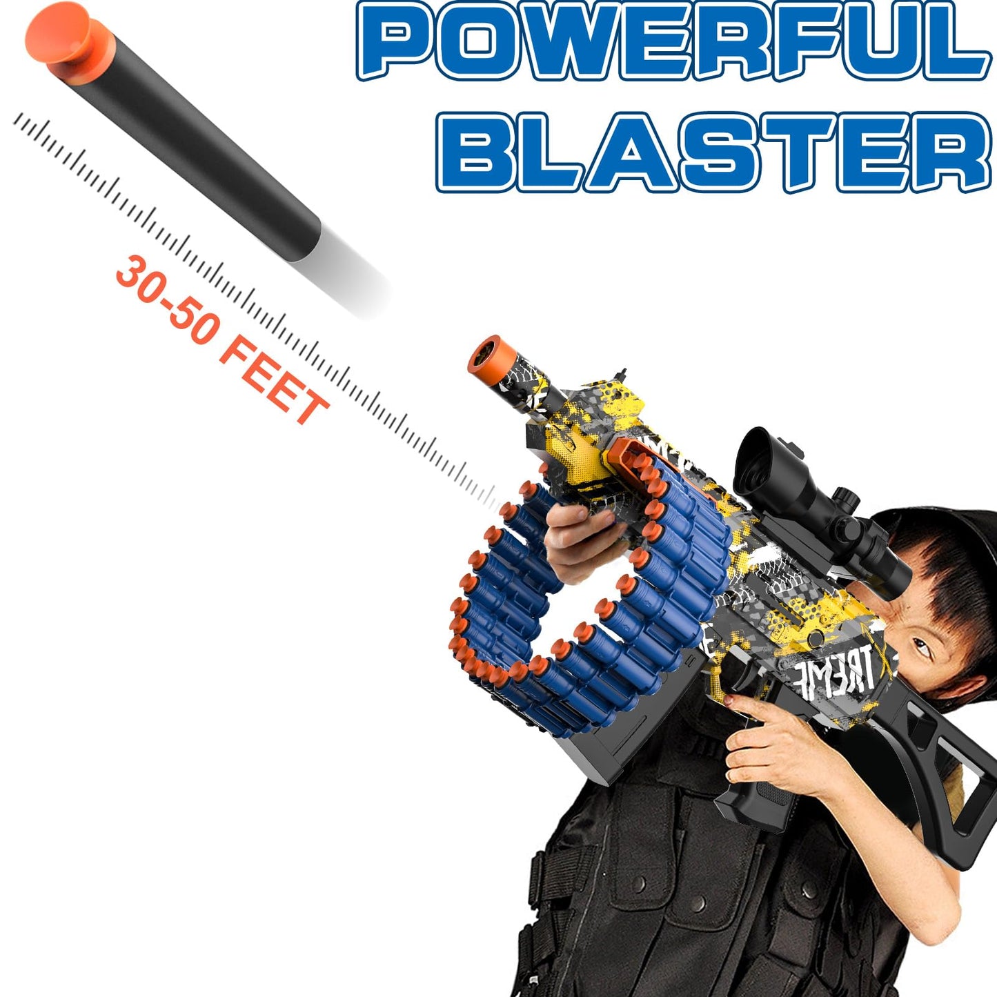 JakMean Electric Automatic Toy Blaster — 30-Dart Clip, 100 Darts, Outdoor Foam Blaster for Kids and Adults | Yellow