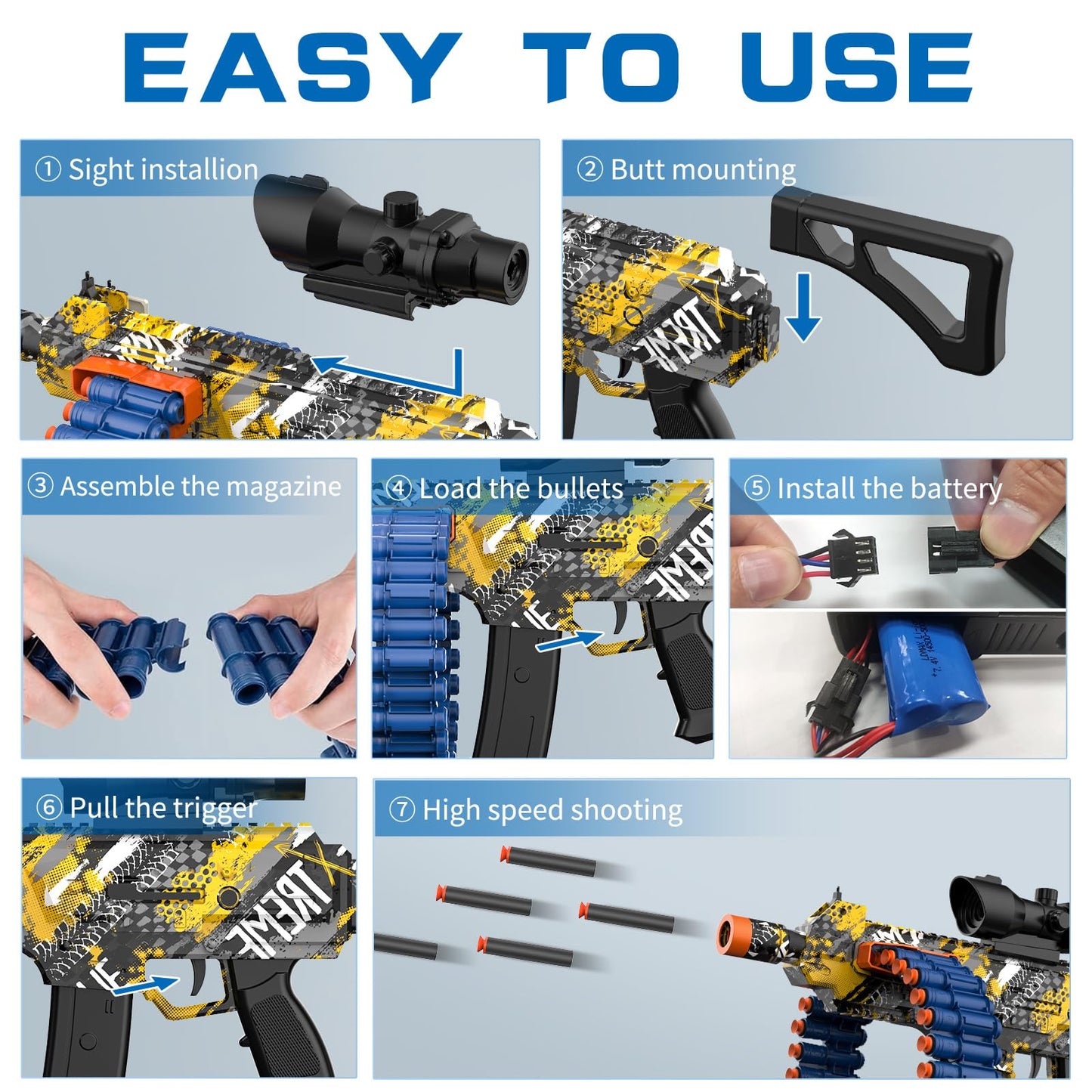 JakMean Electric Automatic Toy Blaster — 30-Dart Clip, 100 Darts, Outdoor Foam Blaster for Kids and Adults | Yellow
