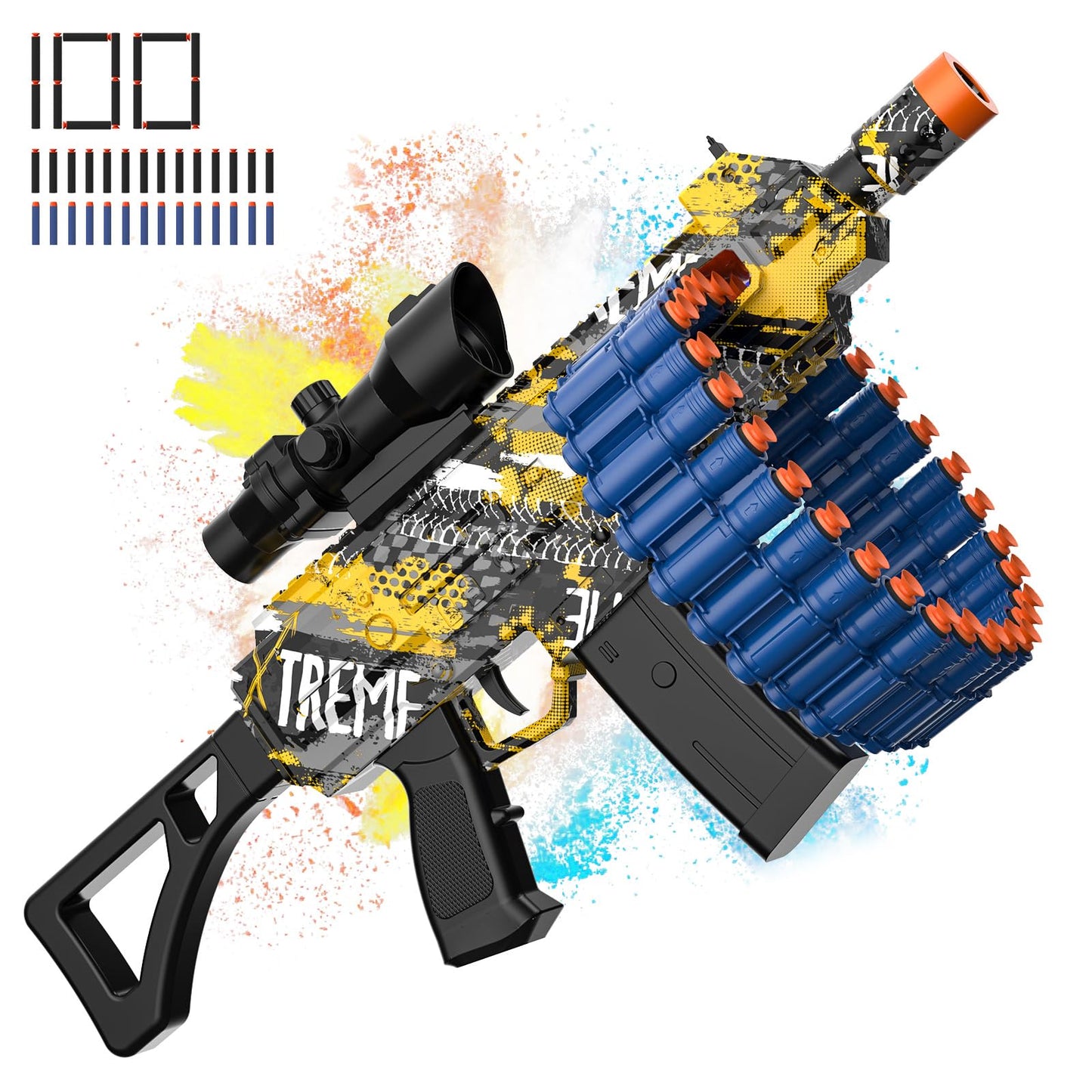JakMean Electric Automatic Toy Blaster — 30-Dart Clip, 100 Darts, Outdoor Foam Blaster for Kids and Adults | Yellow