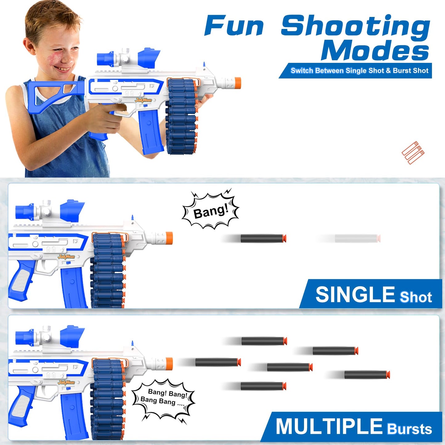 JakMean Electric Automatic Toy Blaster – 30 Clips, 100 Foam Darts, Outdoor Foam Battle