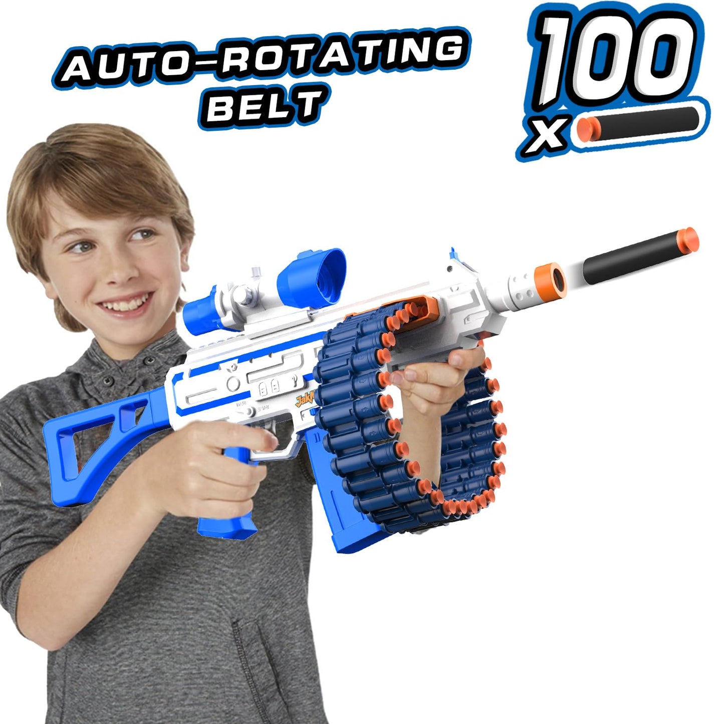 JakMean Electric Automatic Toy Blaster – 30 Clips, 100 Foam Darts, Outdoor Foam Battle