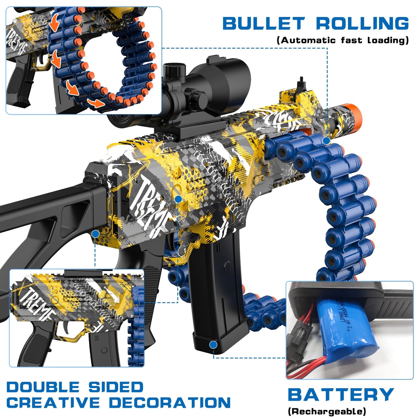 JakMean Electric Automatic Toy Blaster — 30-Dart Clip, 100 Darts, Outdoor Foam Blaster for Kids and Adults | Yellow