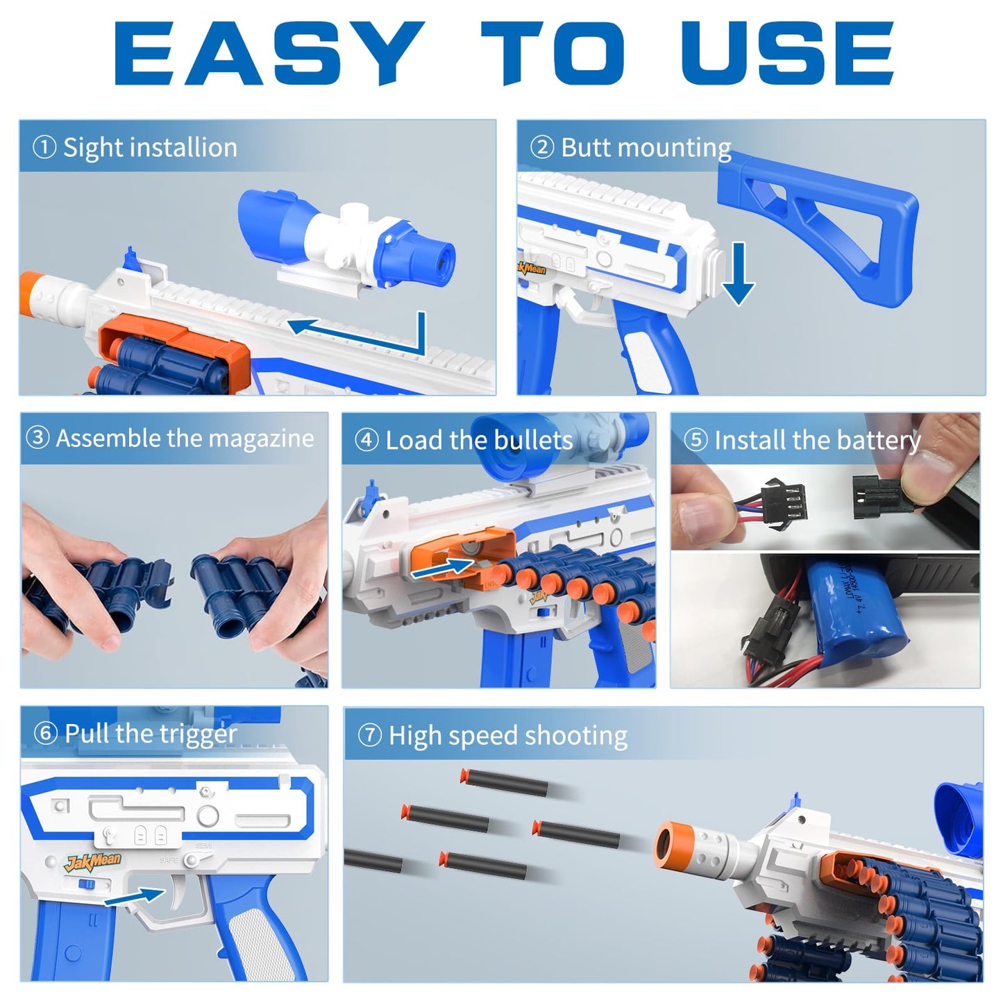 JakMean Electric Automatic Toy Blaster – 30 Clips, 100 Foam Darts, Outdoor Foam Battle