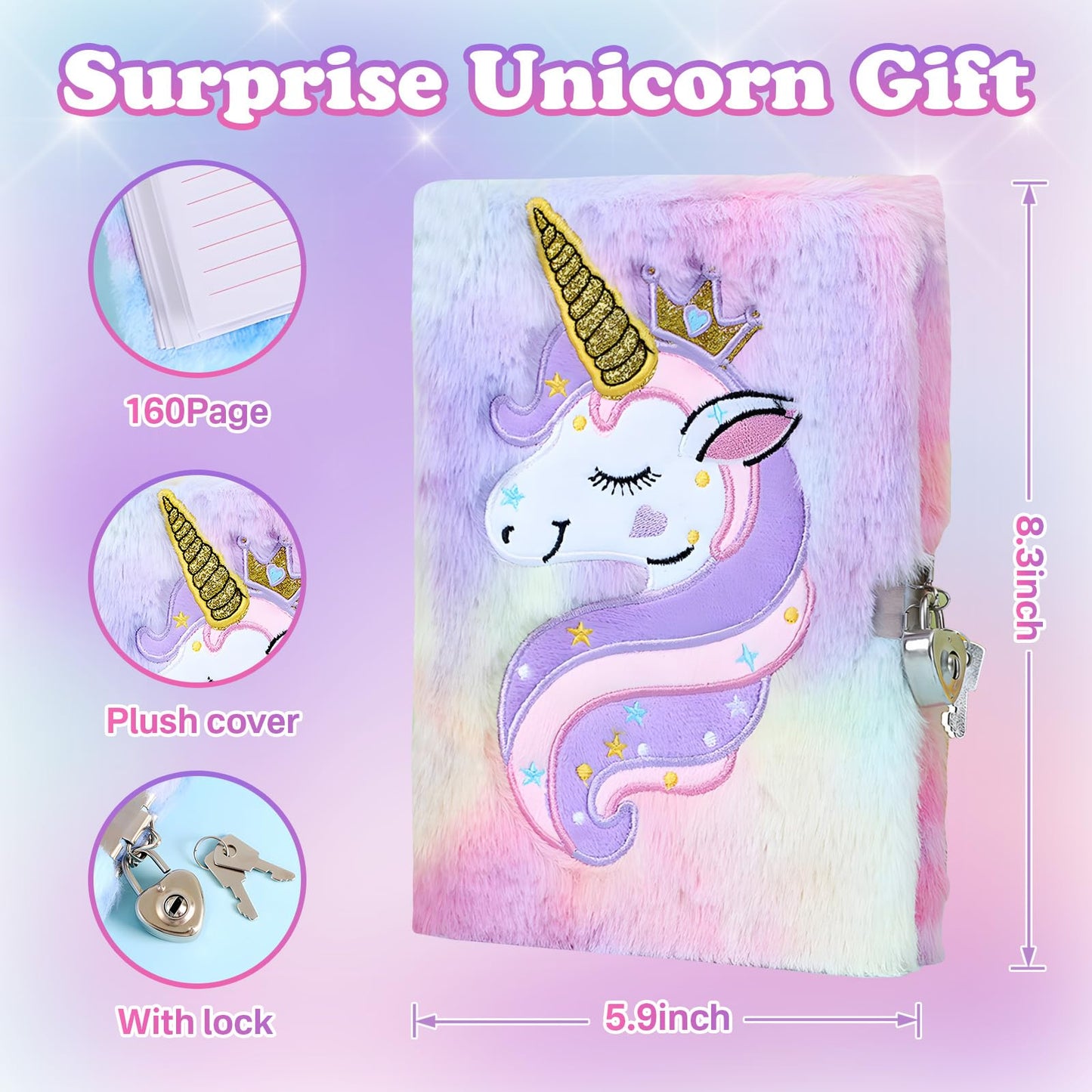 JALEBRO 64-Piece Unicorn Gifts for Girls – Star Light Pillow, Diary with Lock & More