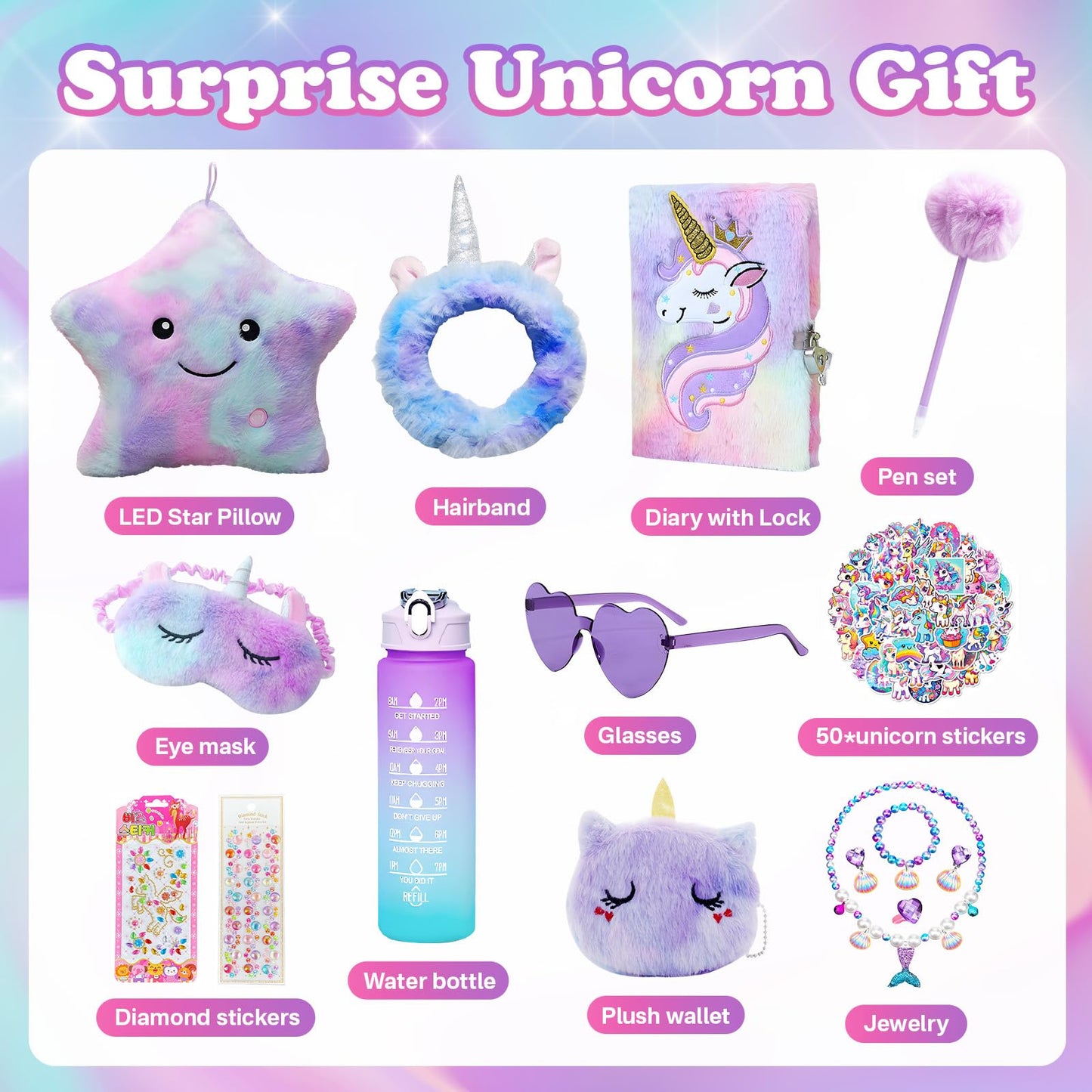 JALEBRO 64-Piece Unicorn Gifts for Girls – Star Light Pillow, Diary with Lock & More