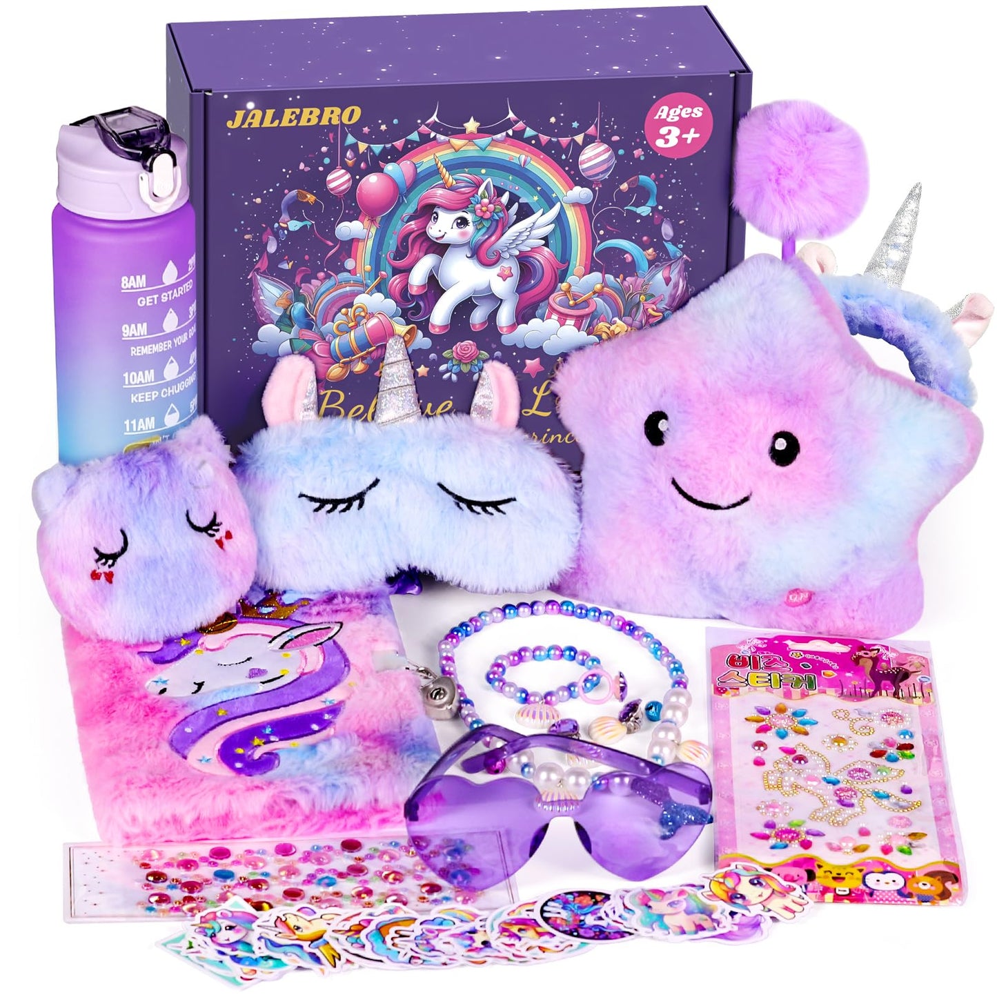 JALEBRO 64-Piece Unicorn Gifts for Girls – Star Light Pillow, Diary with Lock & More