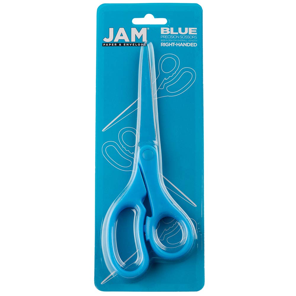 JAM Paper 8-Inch Precision Scissors - Blue, Ergonomic Handle, Stainless Steel Blades | Multi-Purpose