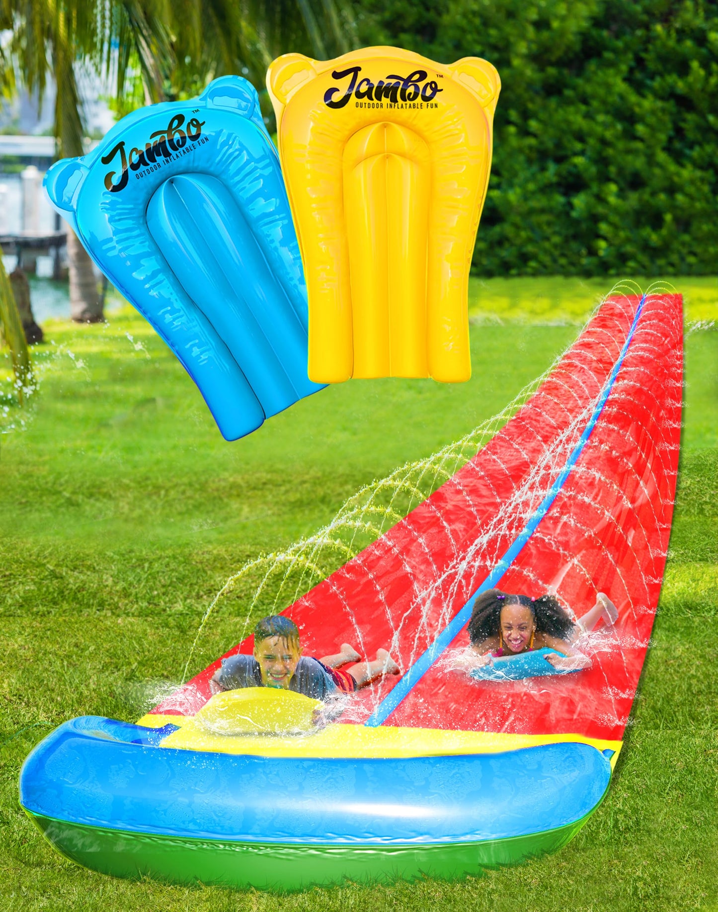 JAMBO 24ft XL Slip Splash & Slide – 3-Lane Backyard Water Fun with 3 Bodyboards