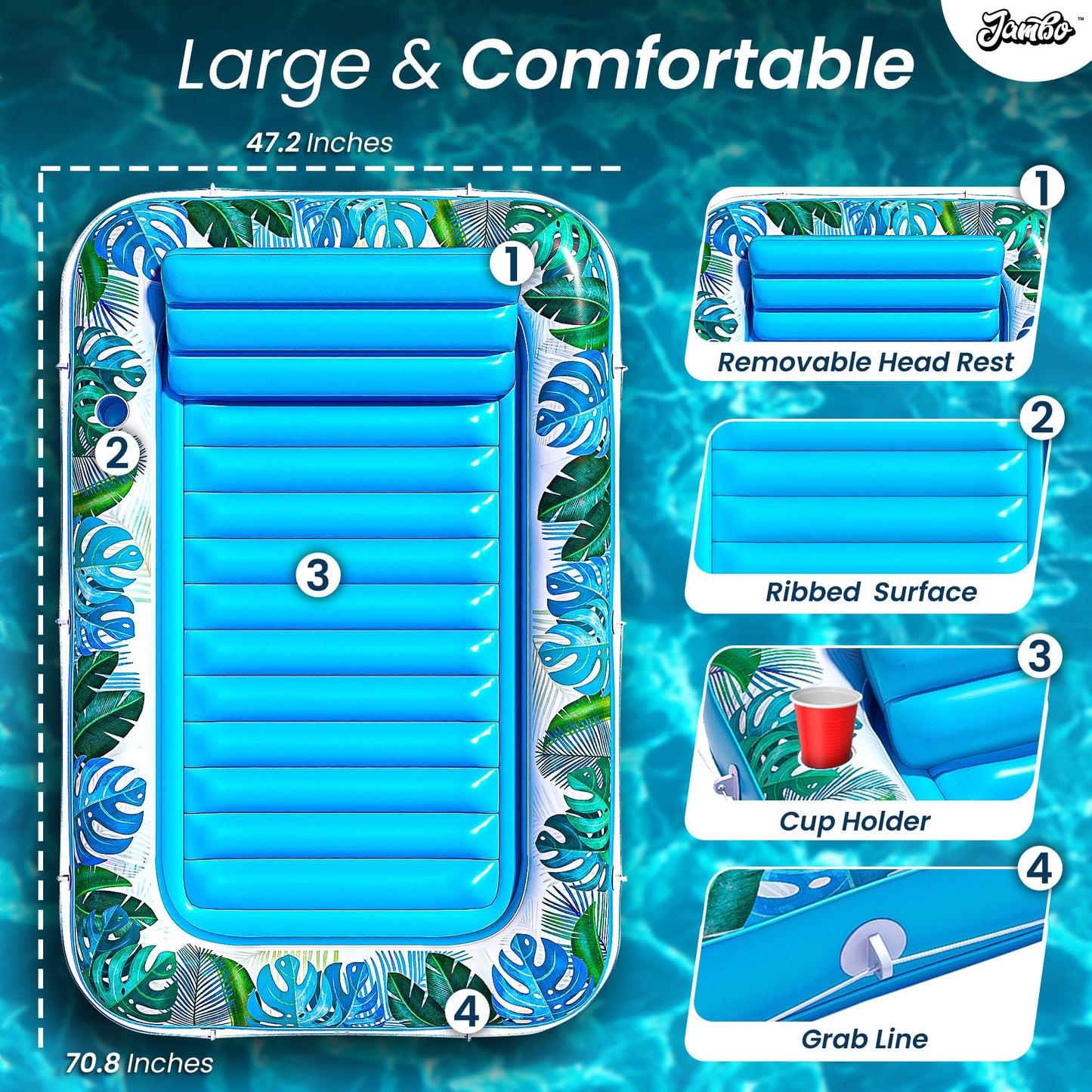 JAMBO Inflatable Tanning Pool Lounger Float - 70 x 47 Sun Tanning Pool Float with Pillow