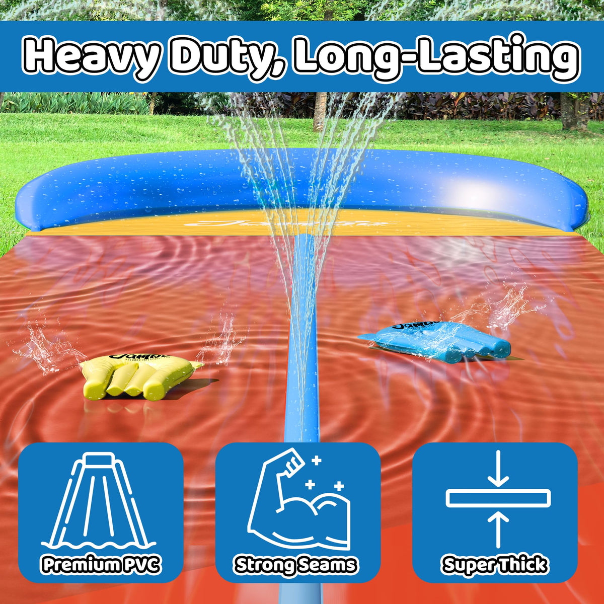 JAMBO 24ft XL Slip Splash & Slide – 3-Lane Backyard Water Fun with 3 Bodyboards