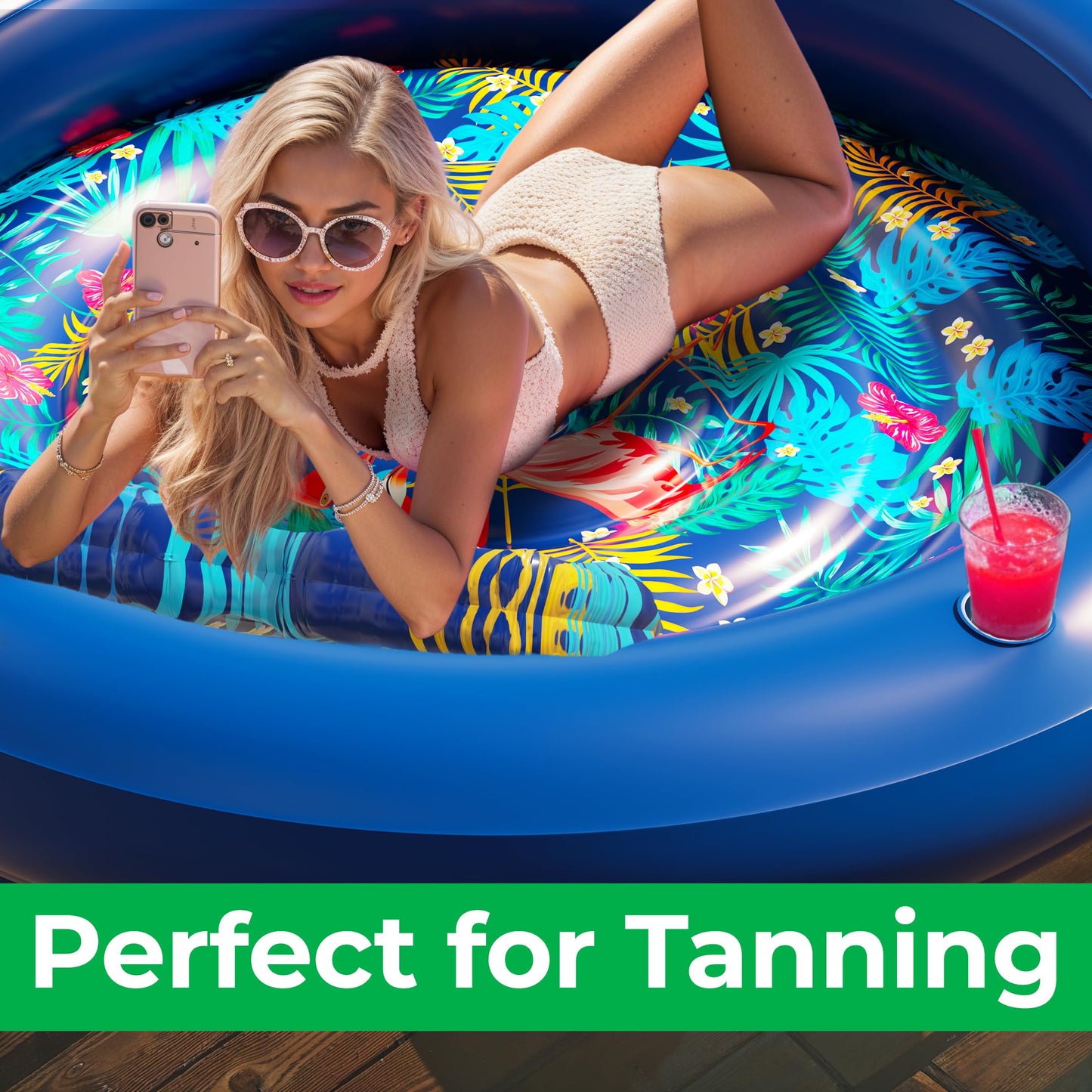 JAMBO Huge Round 76x76 Tanning Pool Lounger – All-in-One Pool Float