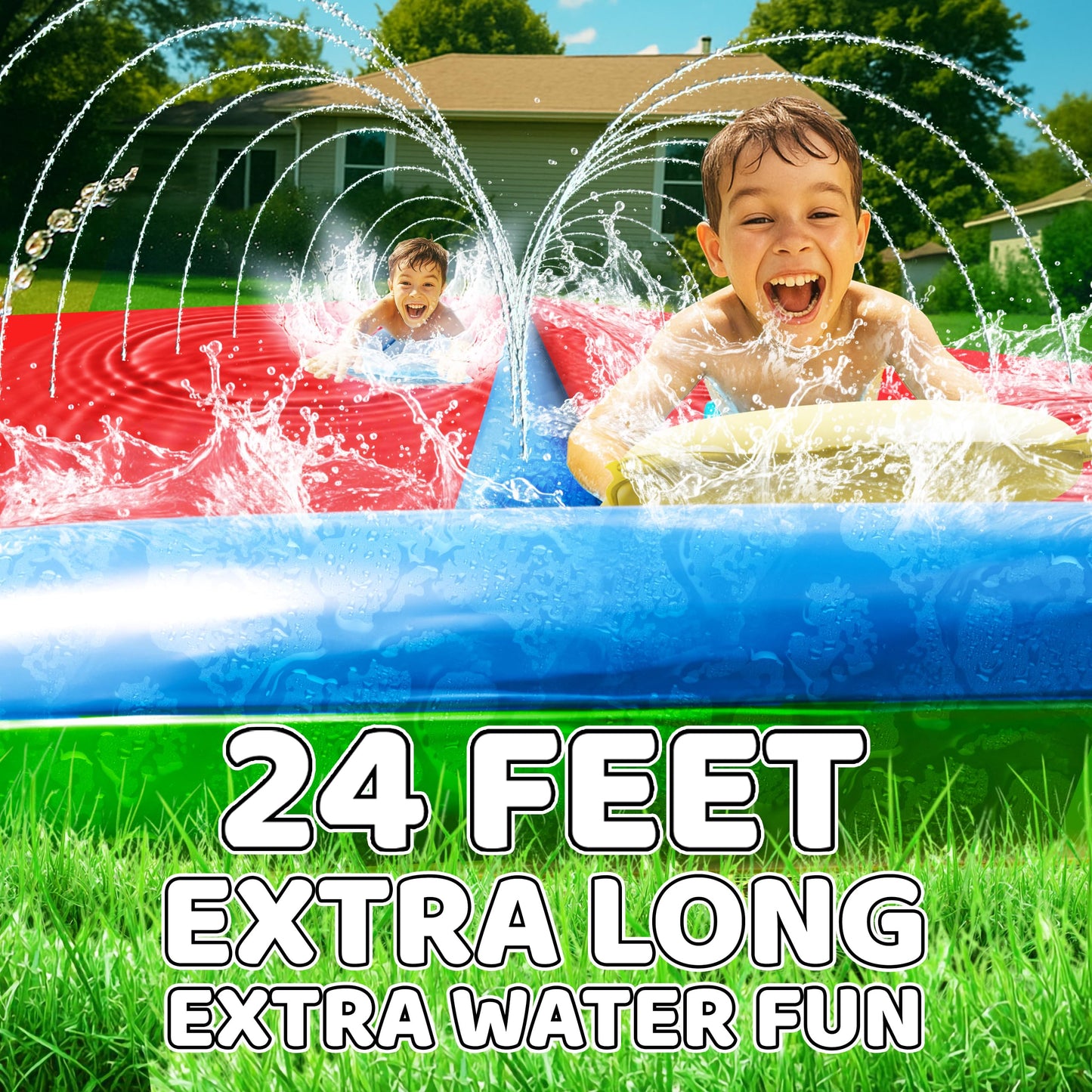 JAMBO 24ft XL Slip Splash & Slide – 3-Lane Backyard Water Fun with 3 Bodyboards
