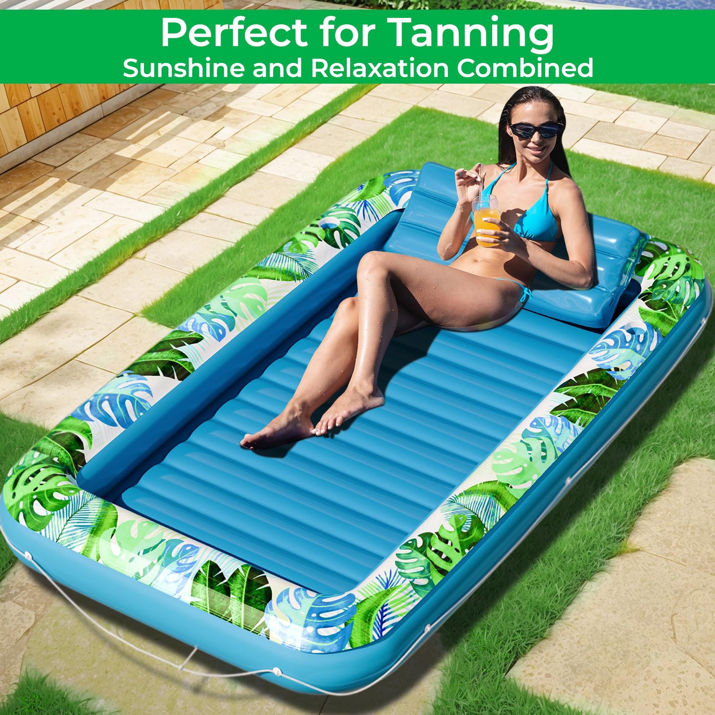JAMBO Inflatable Tanning Pool Lounger Float - 70 x 47 Sun Tanning Pool Float with Pillow