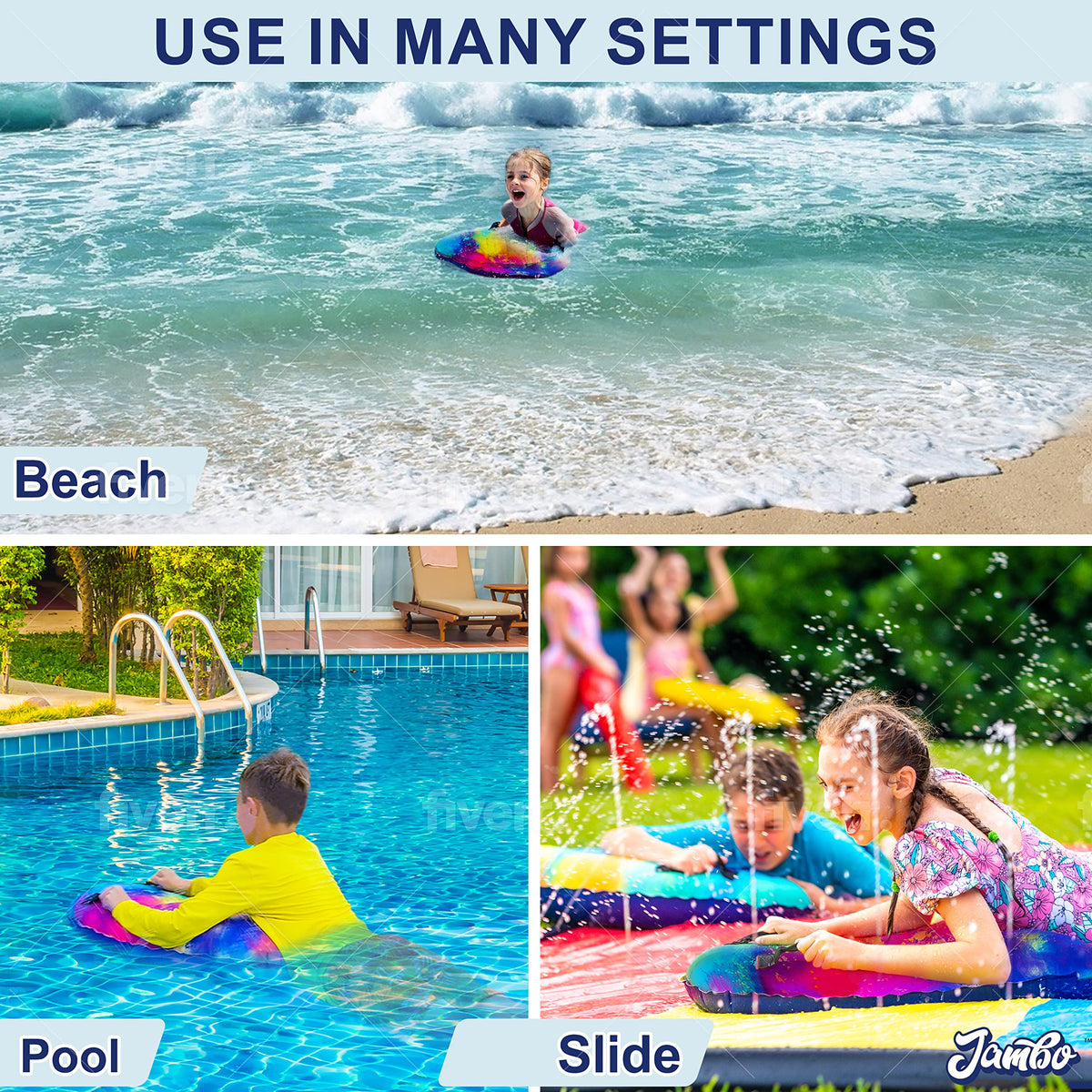 JAMBO Inflatable Surf Body Board with Handles - Durable Boogie Board for Beach, Pool & Lake (1 Pack)