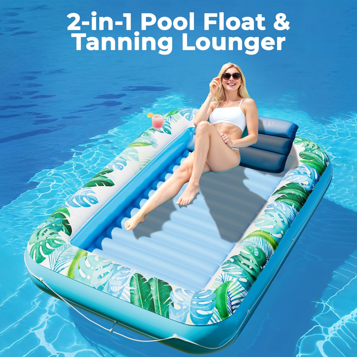 JAMBO Inflatable Tanning Pool Lounger Float - 70 x 47 Sun Tanning Pool Float with Pillow