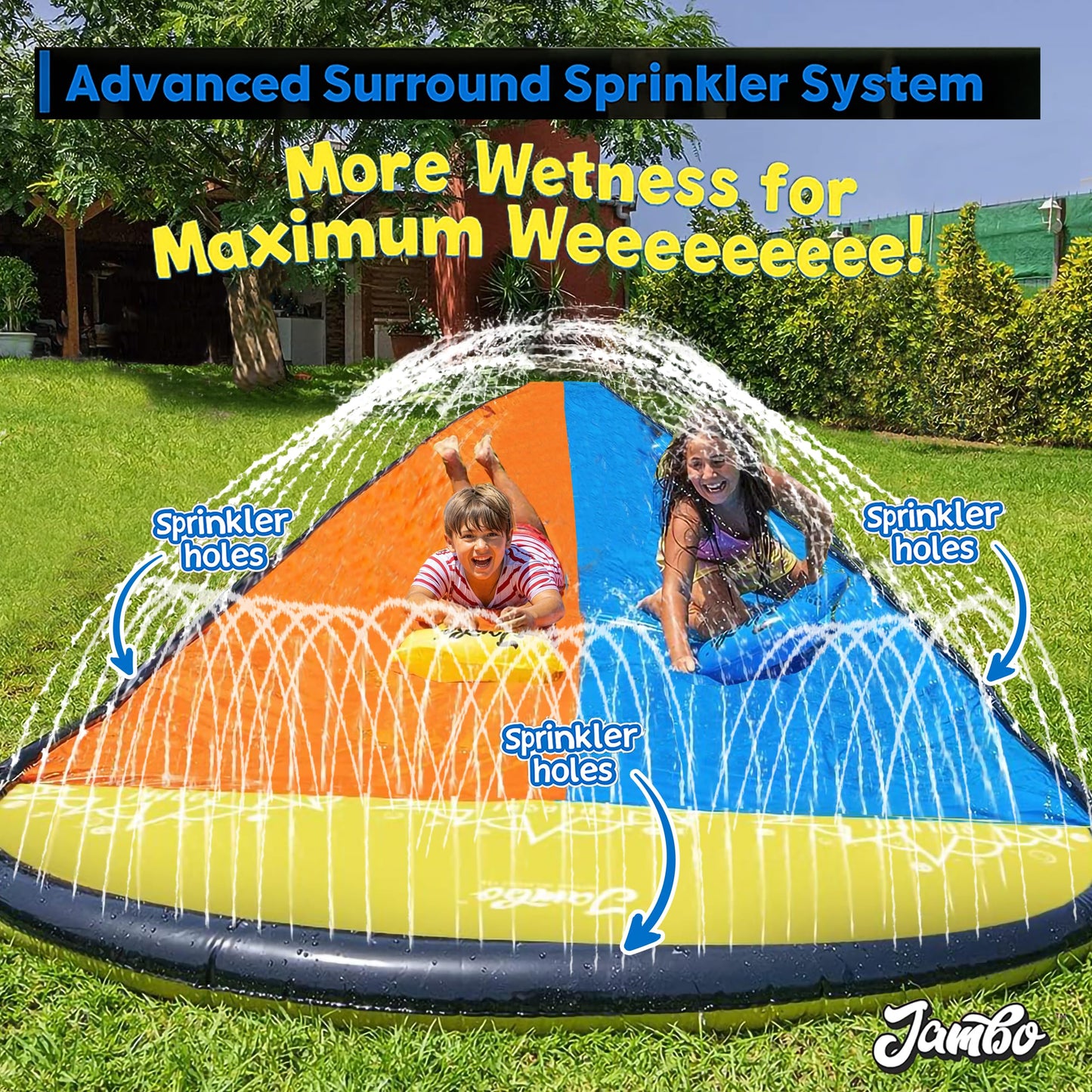 JAMBO XL Premium 20ft Slip Splash and Slide – Double Lane Water Slide with Advanced 3-Way Sprinkler System, Bodyboards Included