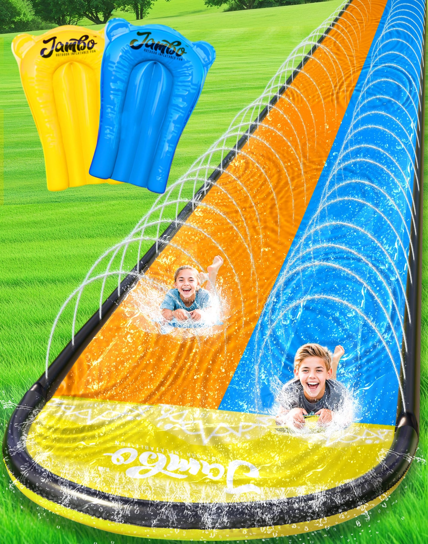 JAMBO XL Premium 20ft Slip Splash and Slide – Double Lane Water Slide with Advanced 3-Way Sprinkler System, Bodyboards Included