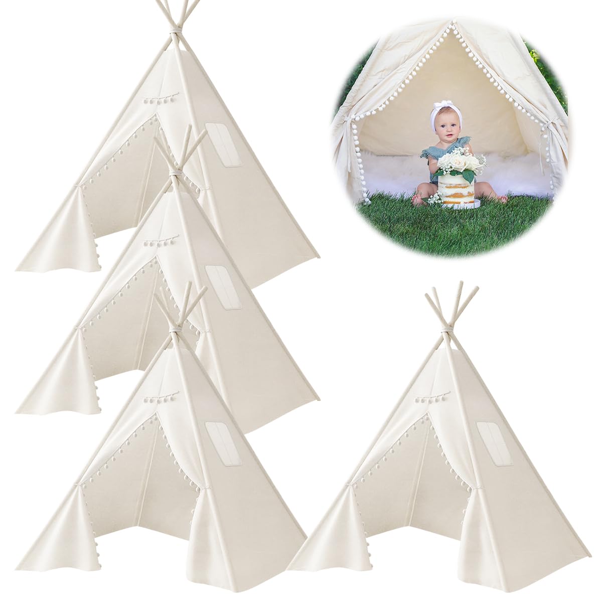 Jamceoceo 4-Piece Kids Teepee Tents – Washable, Collapsible Bohemian Sleepover Tents (White)