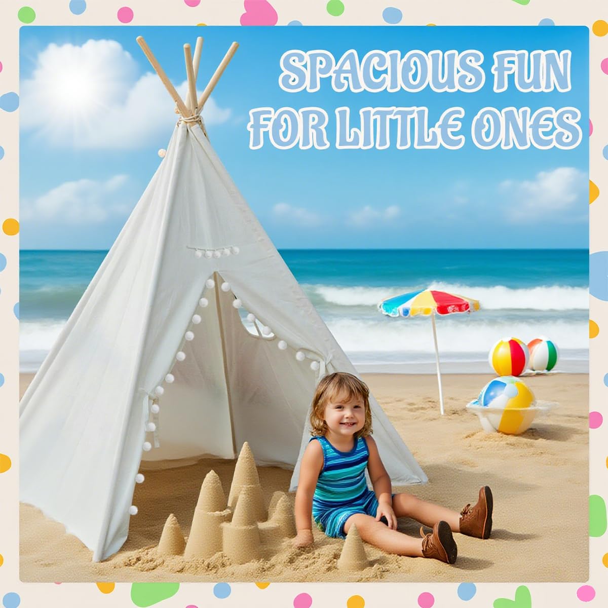 Jamceoceo 4-Piece Kids Teepee Tents – Washable, Collapsible Bohemian Sleepover Tents (White)