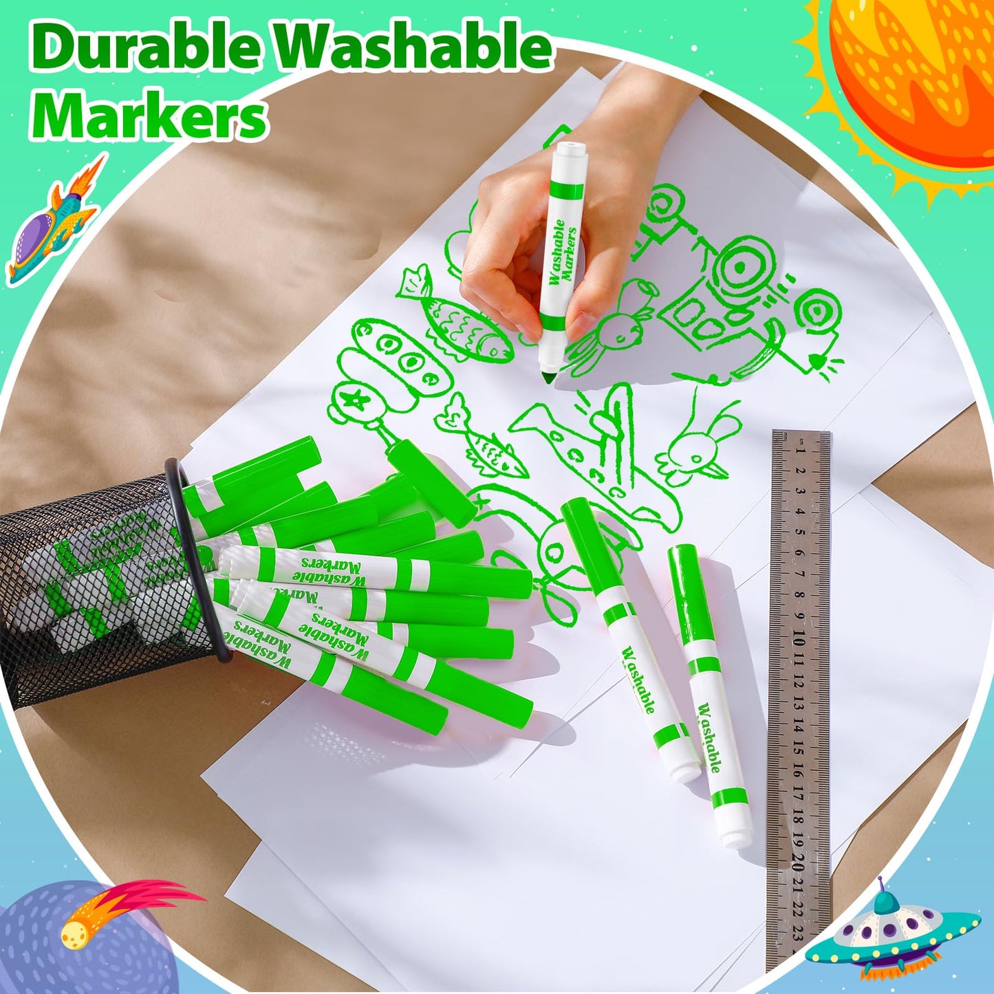 Jamlaugh 24 Pcs Light Green Washable Markers | Broad Conical Tip for Kids & Classrooms