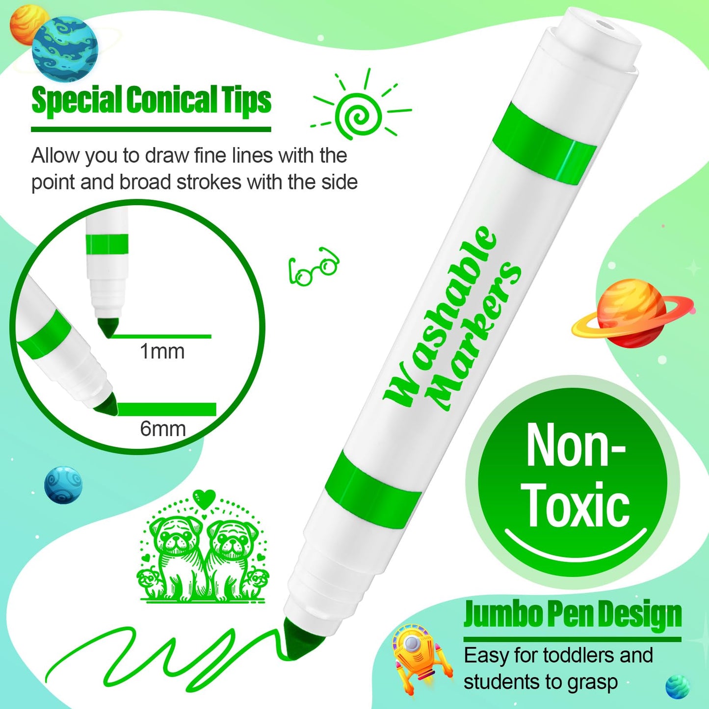 Jamlaugh 24 Pcs Light Green Washable Markers | Broad Conical Tip for Kids & Classrooms