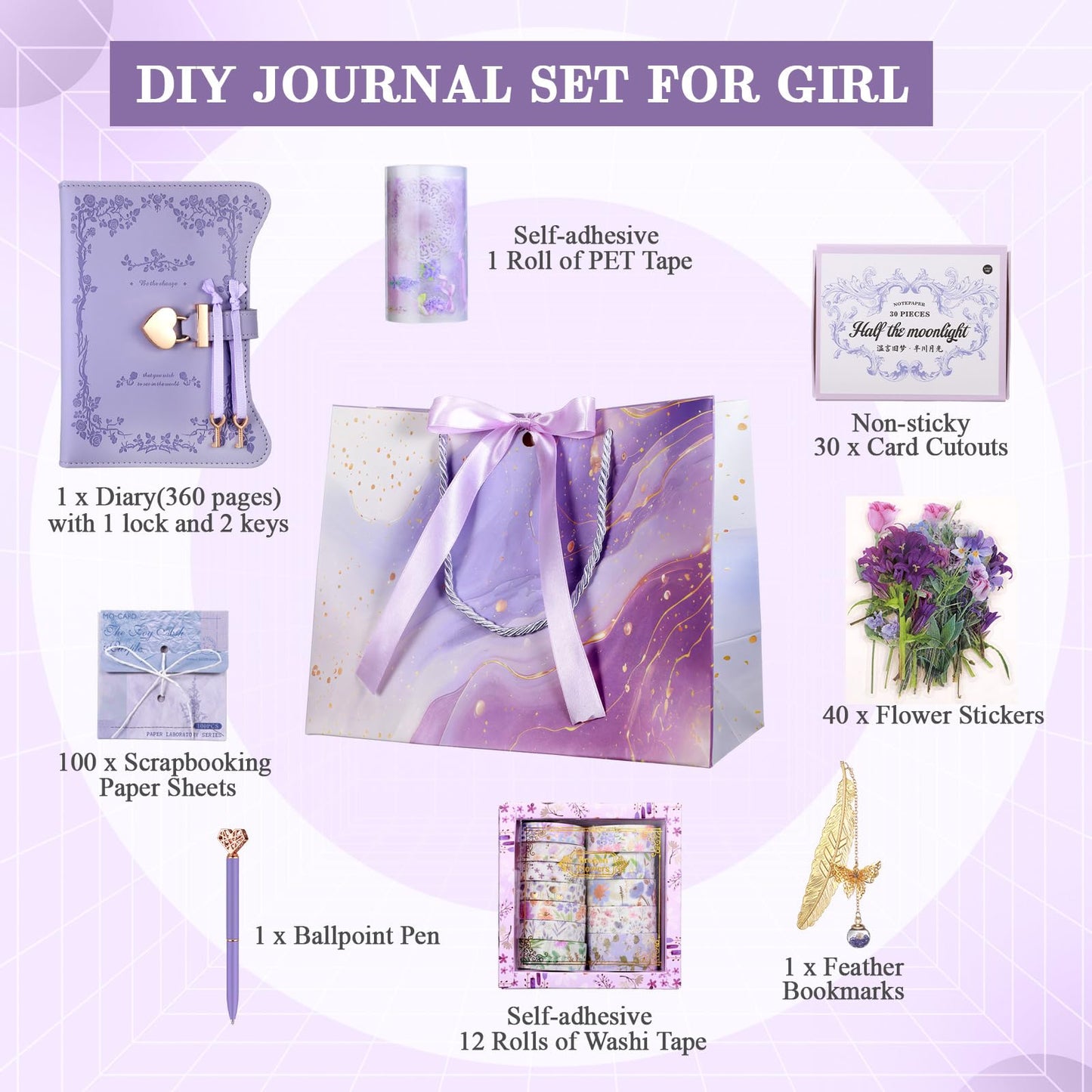 Janlaugh DIY Journal Diary with Lock – Creative Scrapbook Kit (Purple, Bright)