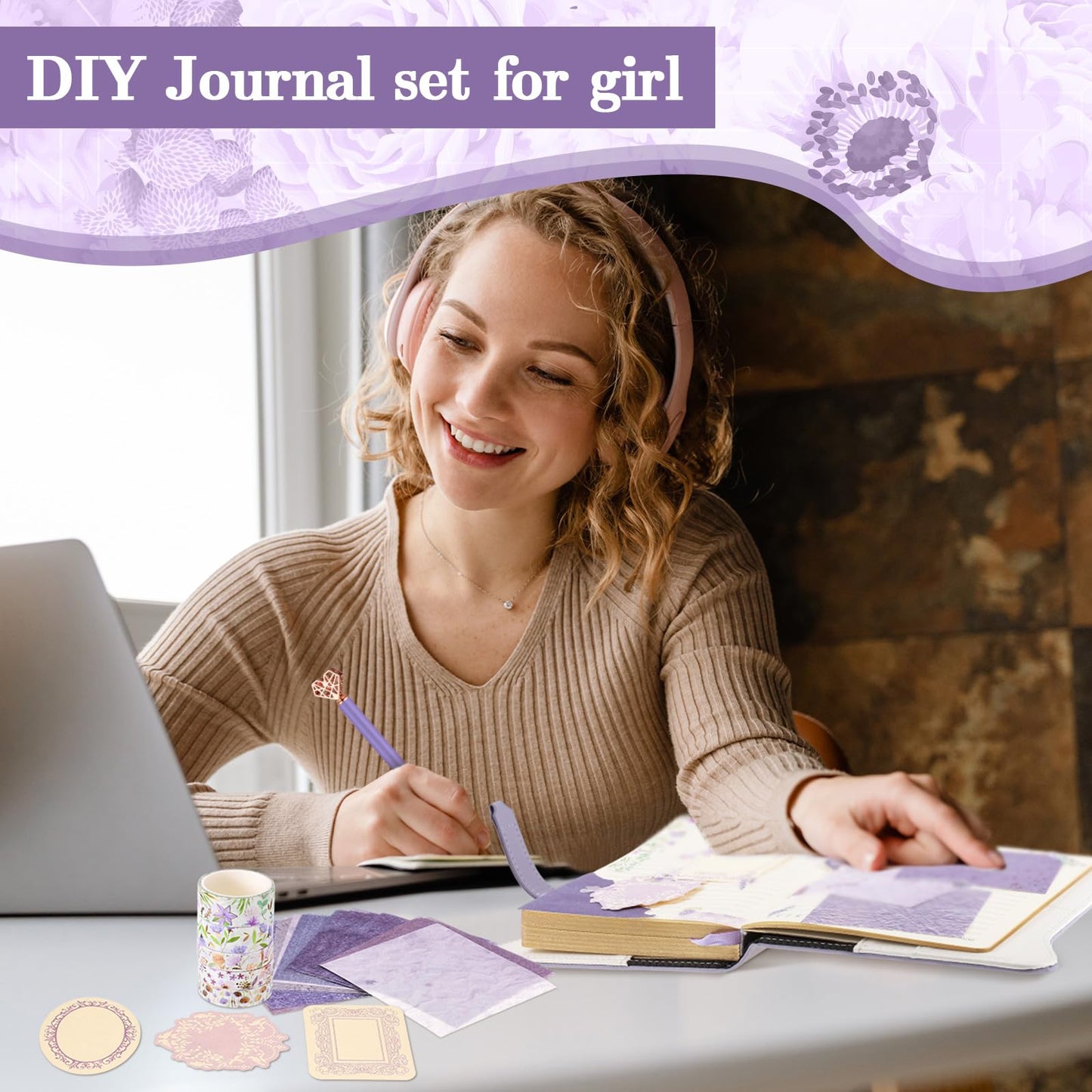 Janlaugh DIY Journal Diary with Lock – Creative Scrapbook Kit (Purple, Bright)